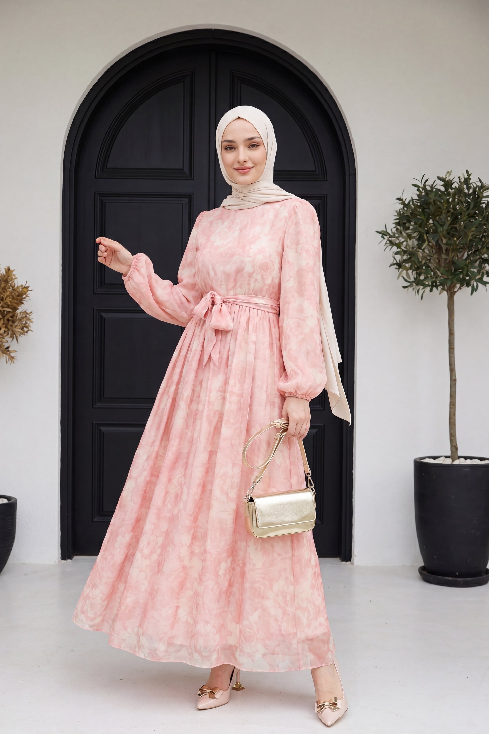 Pink Belted Balloon Sleeve Lined Tulle Voile Maxi Dress - Podyumplus - by Peralane - photo 3