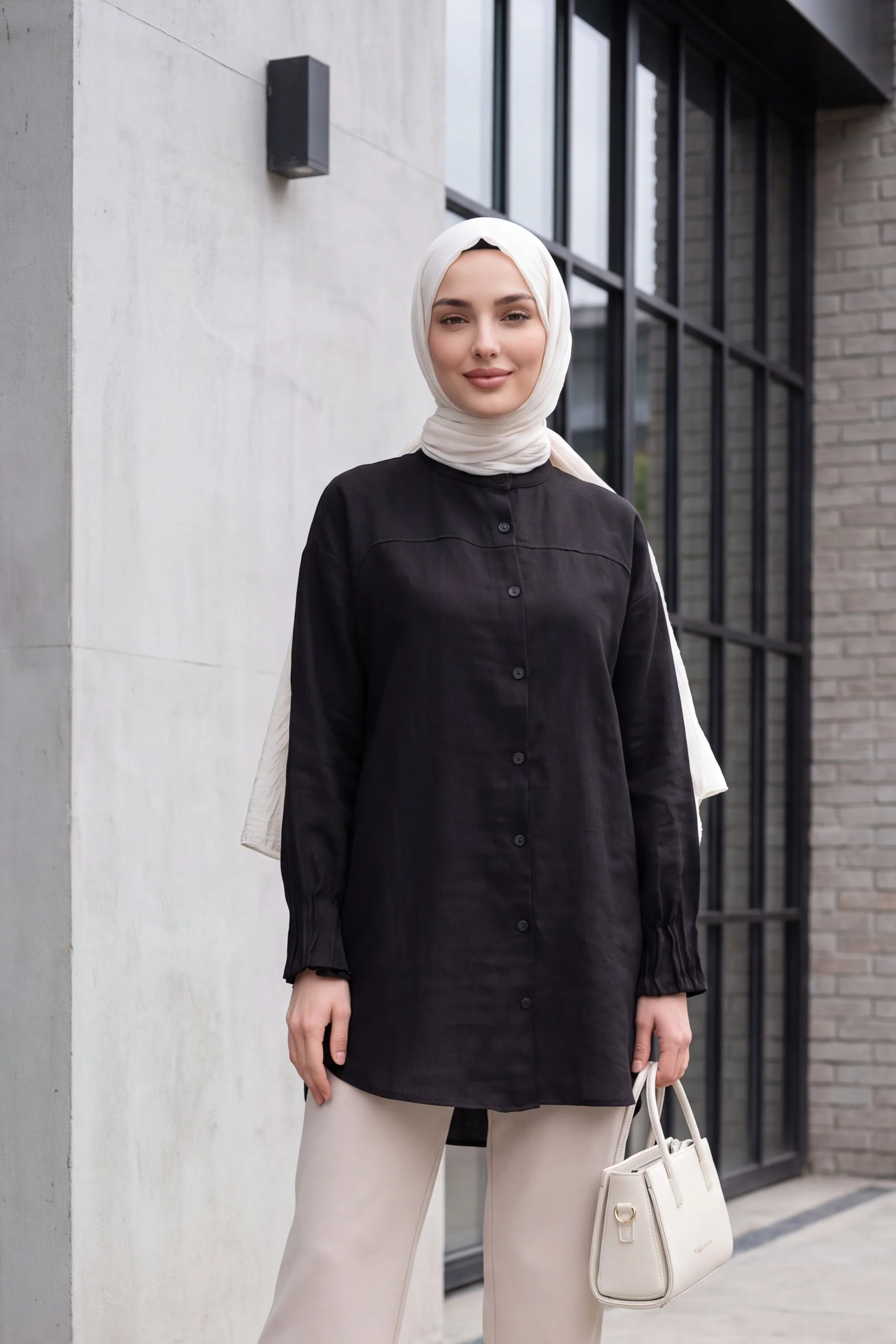 Oval Cut Shirt with Draped Cuff - Black - Podyumplus - by Peralane