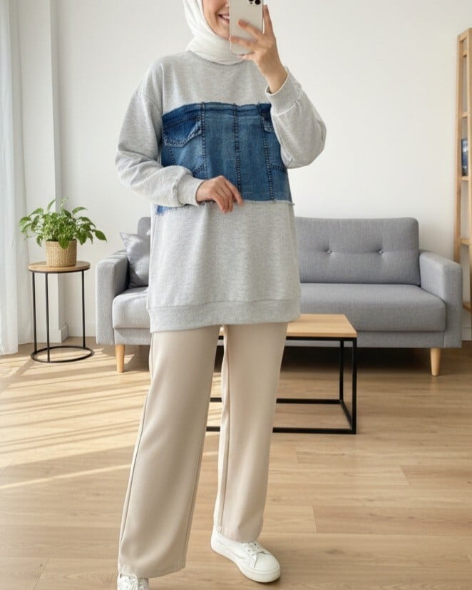 Round Neck Sweatshirt with Front Denim Pocket Detail - Light Grey - Podyumplus - by Peralane - photo 3