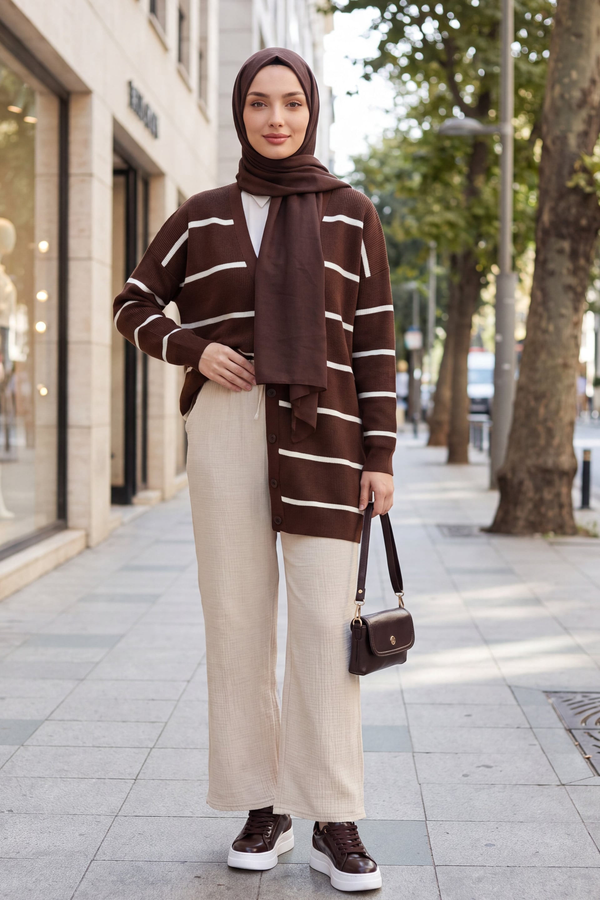 Striped Button-Front Knit Cardigan - Brown - Podyumplus - by Peralane - photo 3