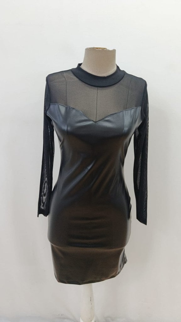 Women's Long Sleeve Mock Neck Tulle Detail Mini Leather Dress - Janes - by Peralane - photo 5