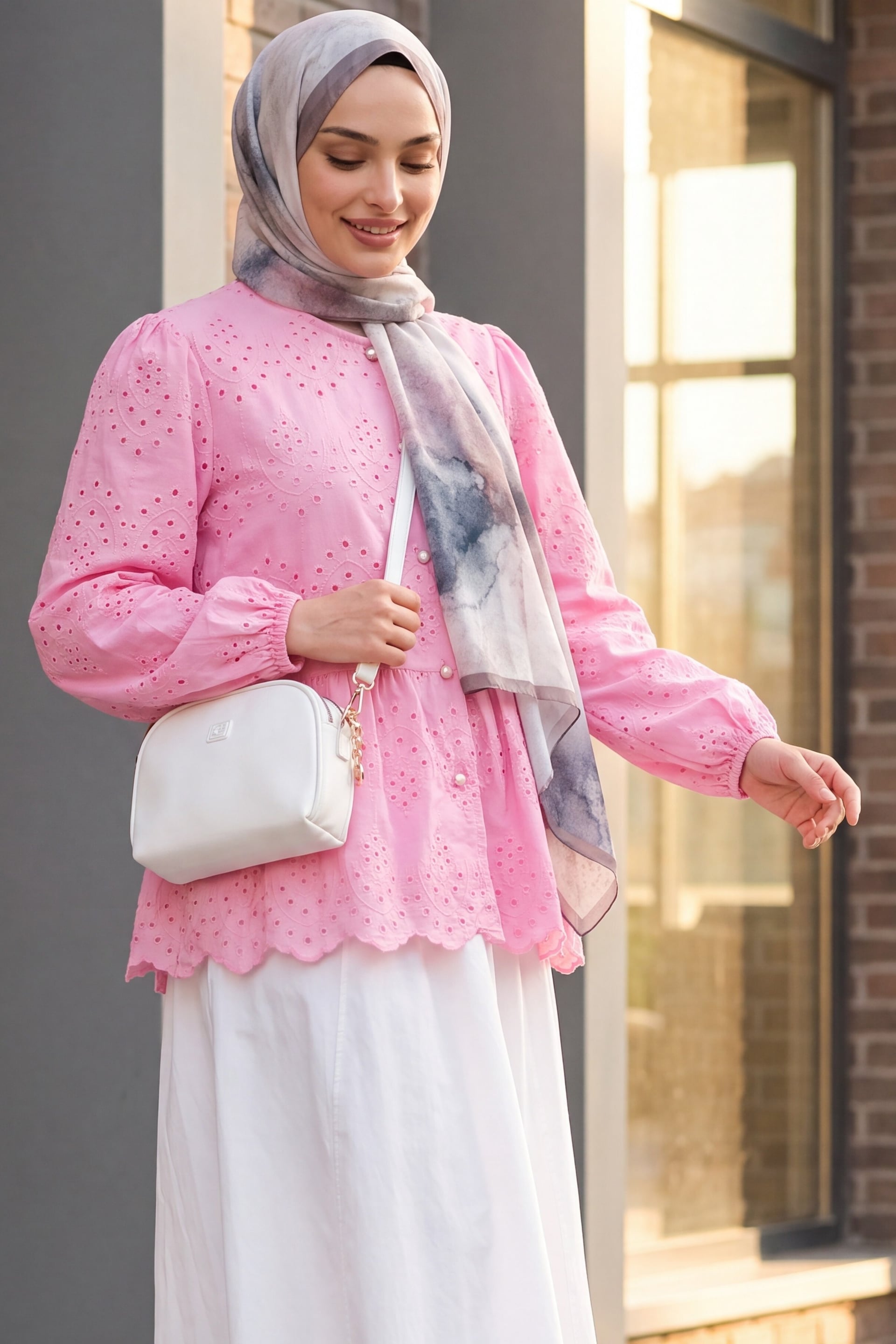 Pink Eyelet Pearl Button Blouse with Long Puff Sleeves - Podyumplus - by Peralane