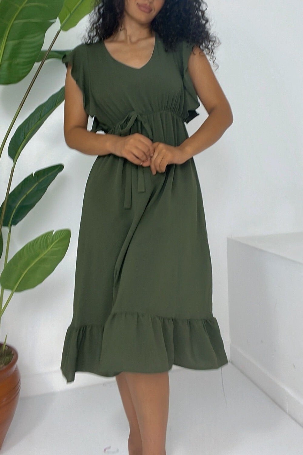 Olive Green Flutter Sleeve Drawstring Waist Midi Dress - Podyumplus - by Peralane - photo 2
