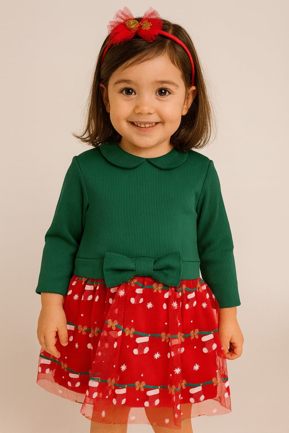 Girl's Christmas Dress with Green Top and Red Tulle Skirt - Interkidsy - by Peralane