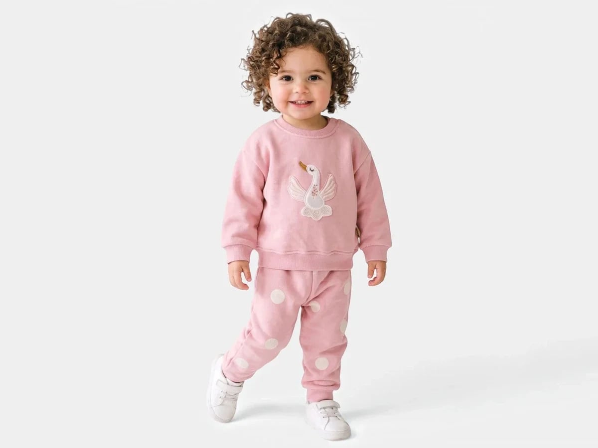 Swan Print Sweatshirt and Pants Set for Baby Girls - Pink Polka Dot - Vovido - by Peralane