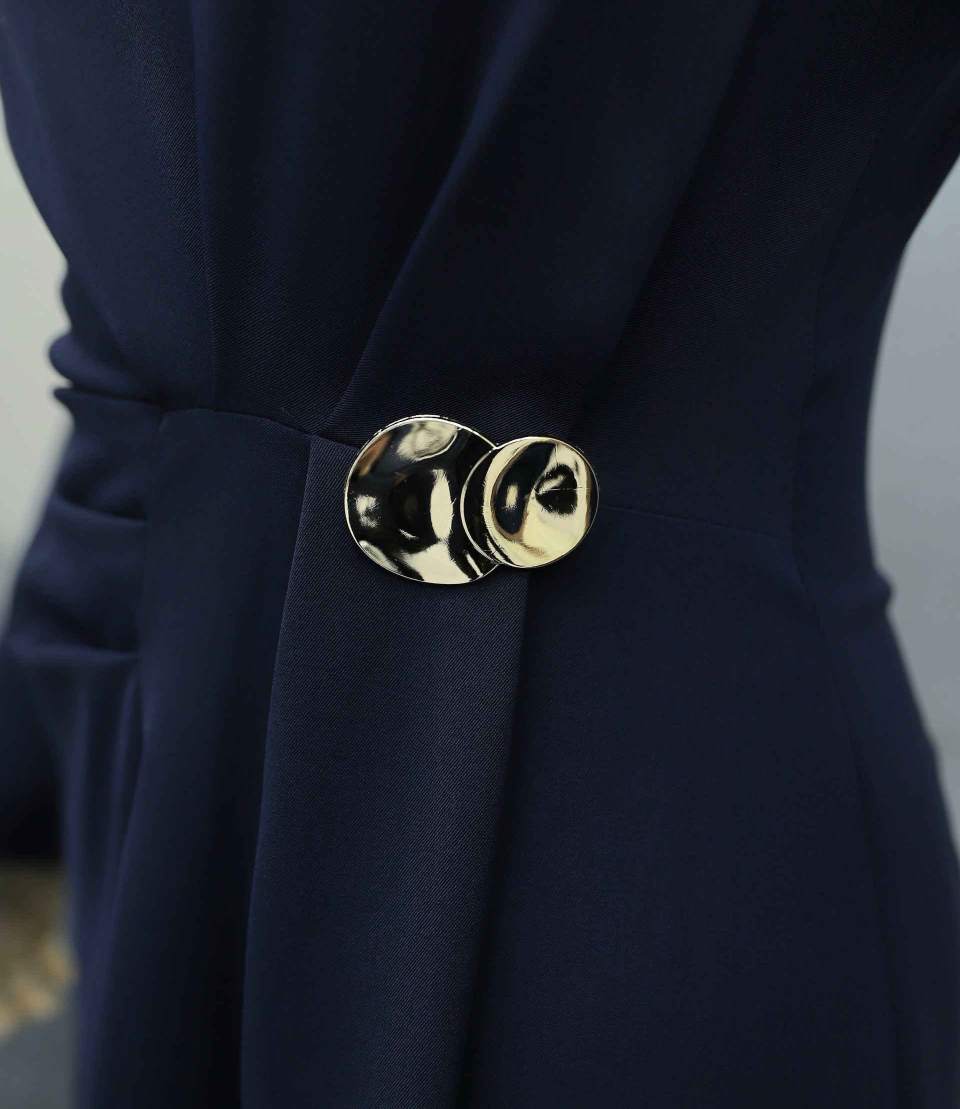 Navy Blue Double Crepe Dress with Pleated Shoulder and Brooch Detail - Podyumplus - by Peralane - photo 6