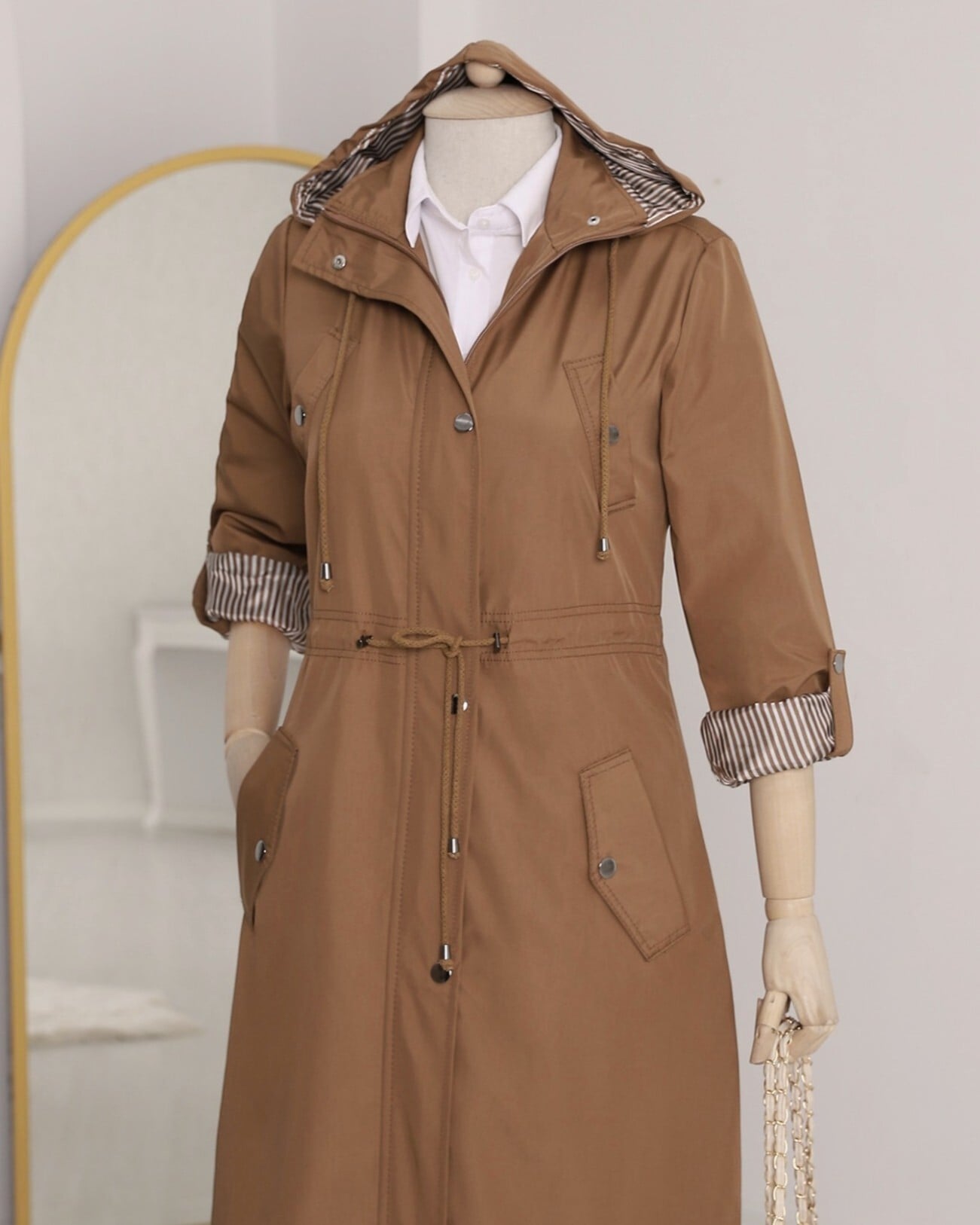 Women's Brown Hooded Trench Coat with Striped Lining - Podyumplus - by Peralane - photo 7