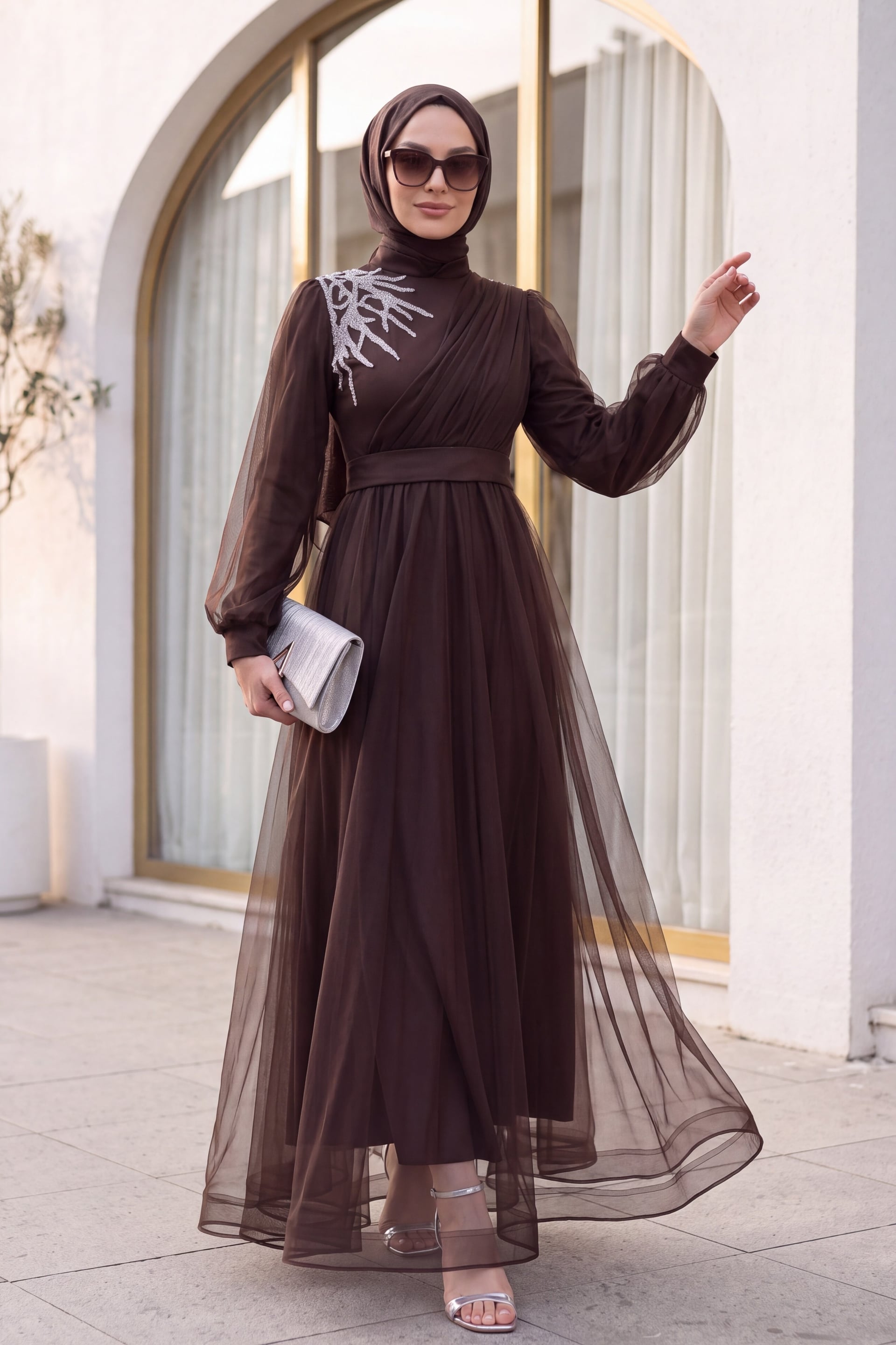 Stone Detail Draped Belted Tulle Evening Dress - Dark Brown - Podyumplus - by Peralane - photo 4