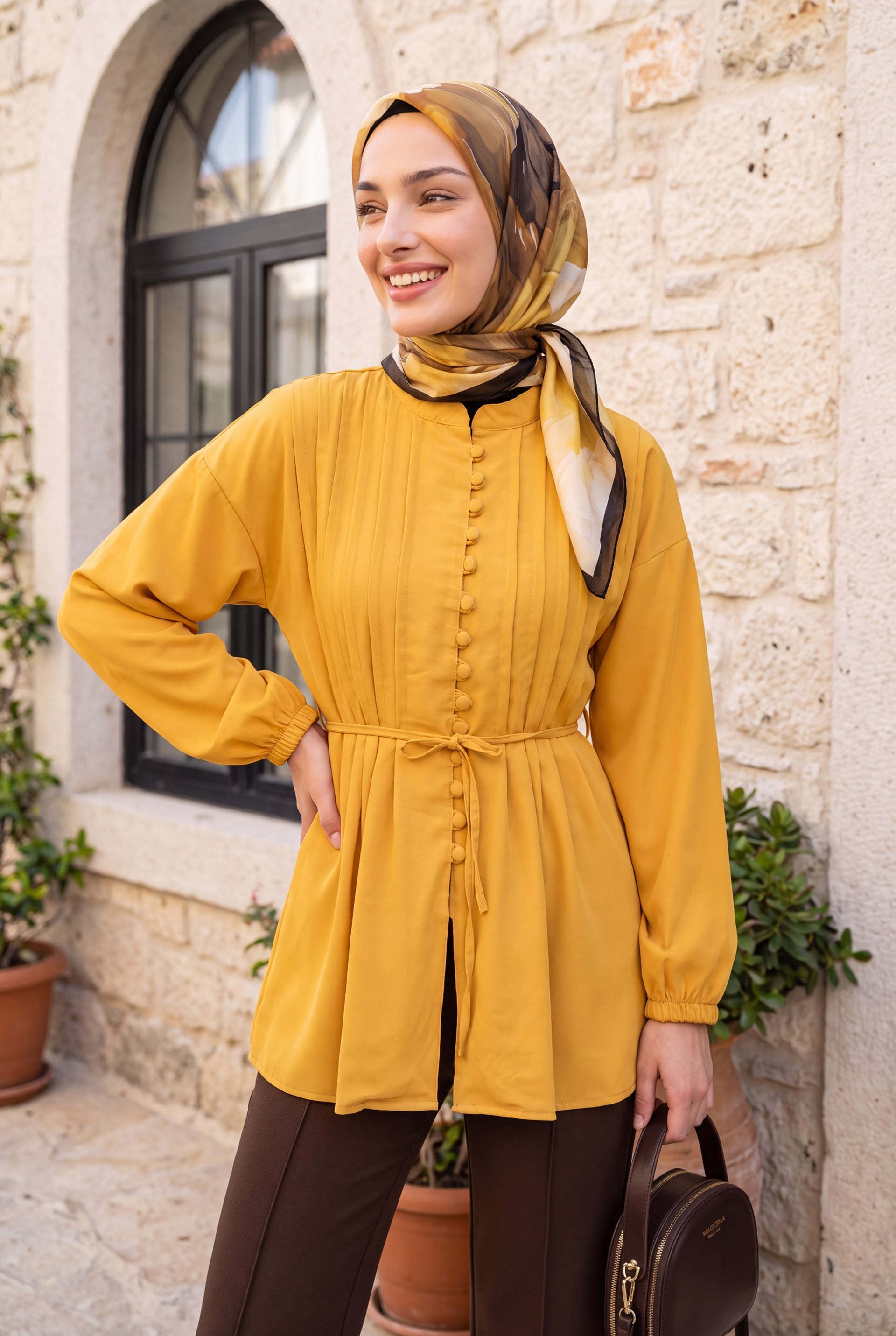 Mustard Belted Poplin Tunic with Button Front - Women's - Podyumplus - by Peralane