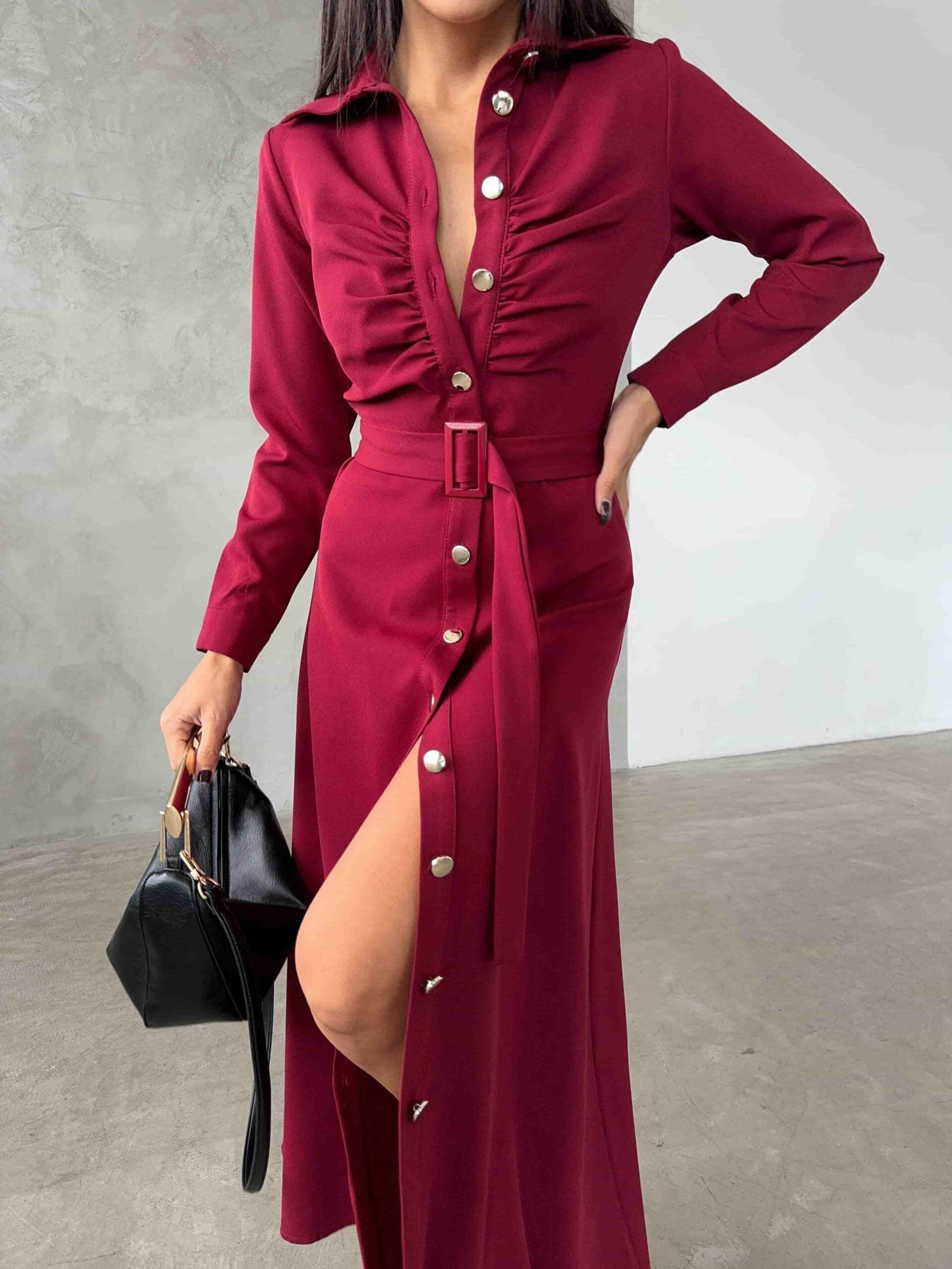 Bordo Cotton Shirt Dress with Belt for Women - My Bee - by Peralane - photo 2