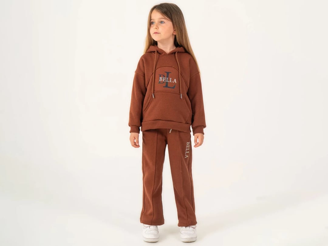 Kids' BELLA Print Hooded Sweatshirt and Trousers Set - Dark Brown - Lumii - by Peralane