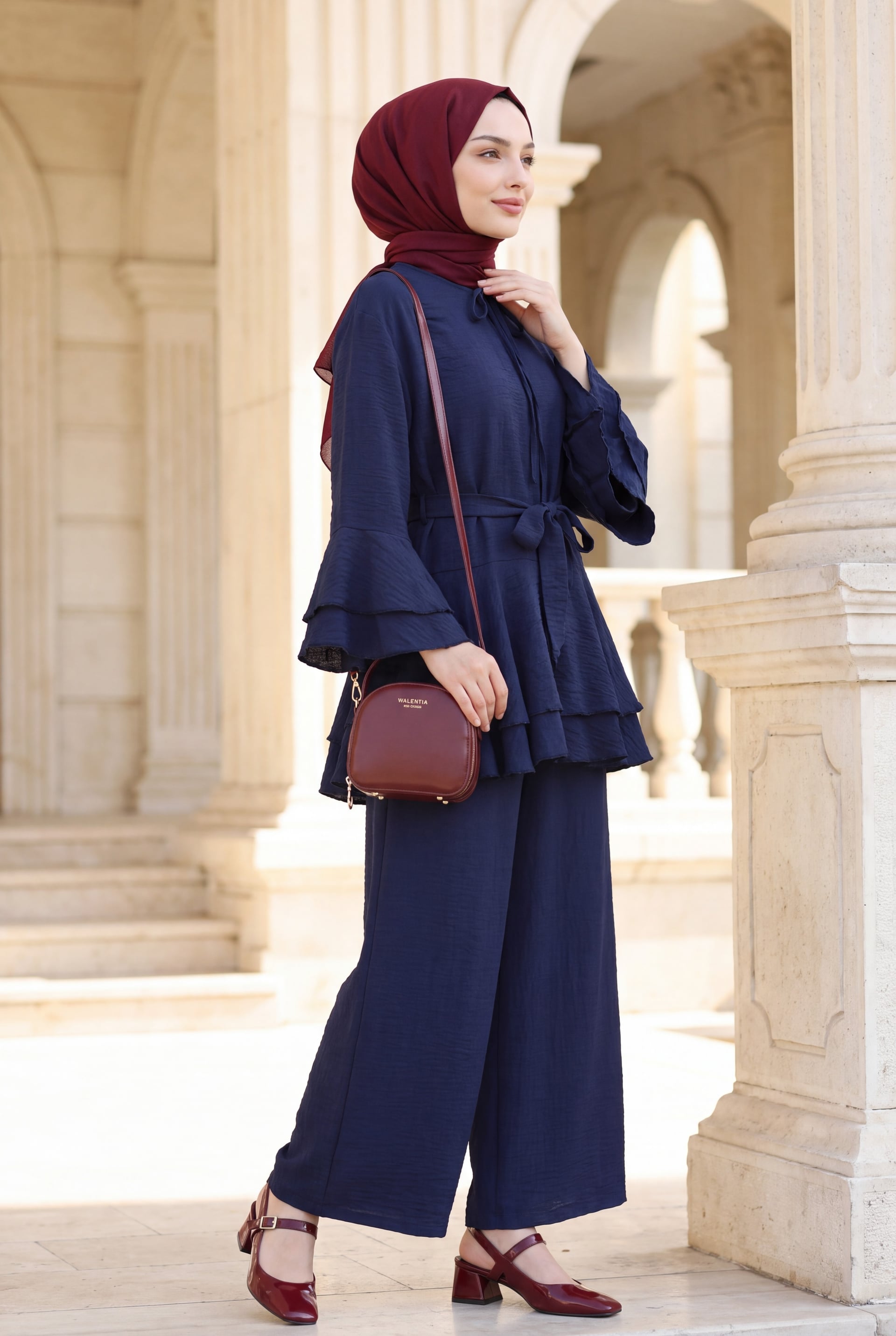 Navy Blue Jacquard Waffle Co-ord Set with Tunic and Wide-Leg Trousers - Podyumplus - by Peralane - photo 3