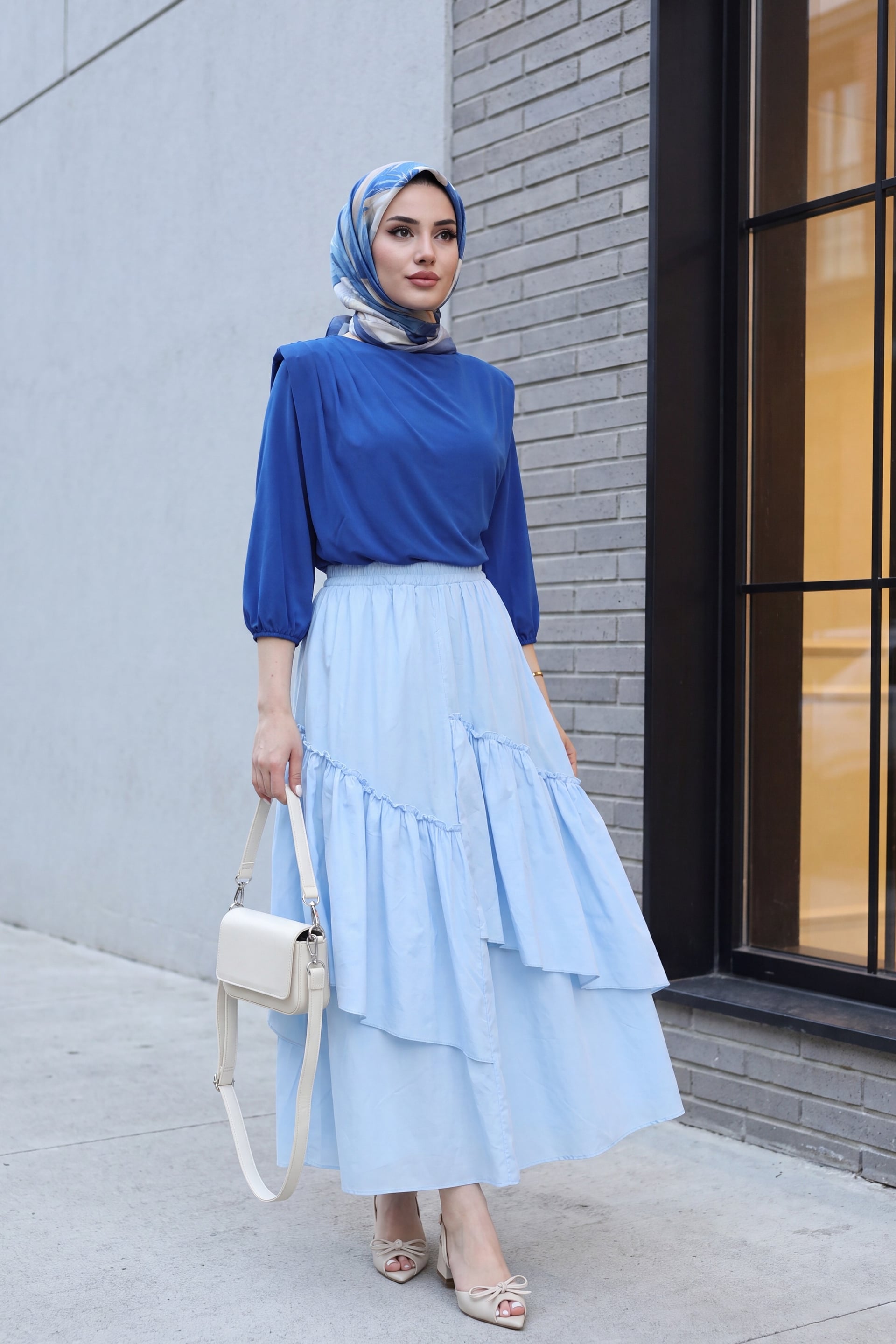 Women's Saks Blue Sendy Blouse with Inner Bodysuit, Ruffled Shoulders and Padded Shoulders - Podyumplus - by Peralane - photo 4
