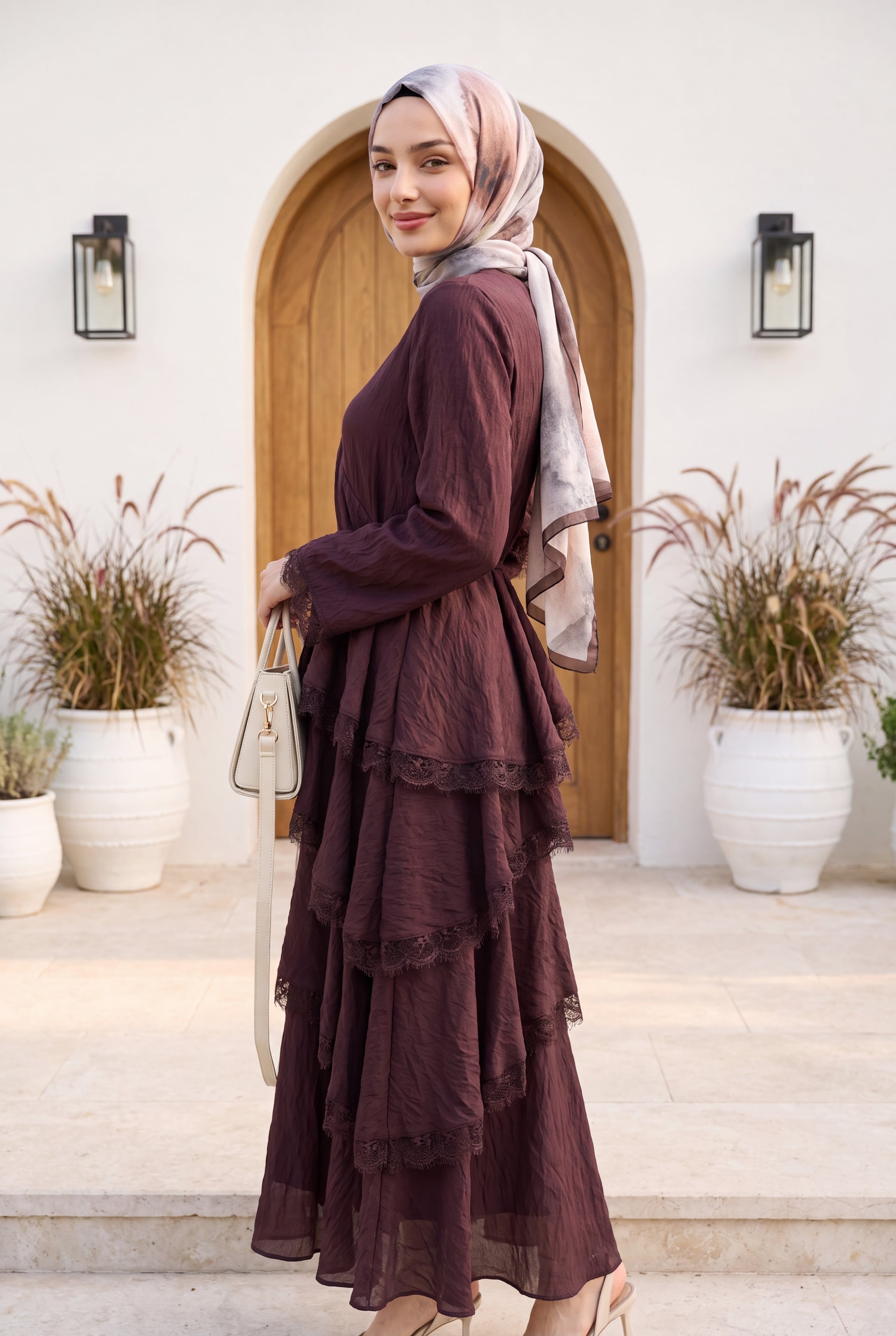 Lace Trim Tiered Belted Lined Tulle Modal Dress - Dark Brown - Podyumplus - by Peralane - photo 7