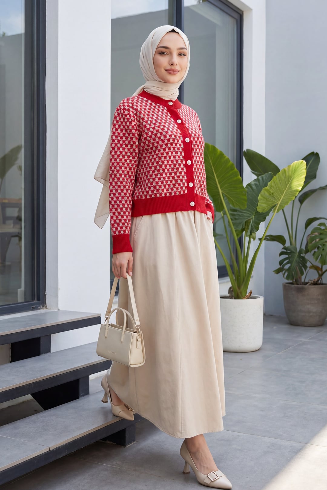 Round Neck Buttoned Patterned Knit Cardigan - Red - Podyumplus - by Peralane - photo 4