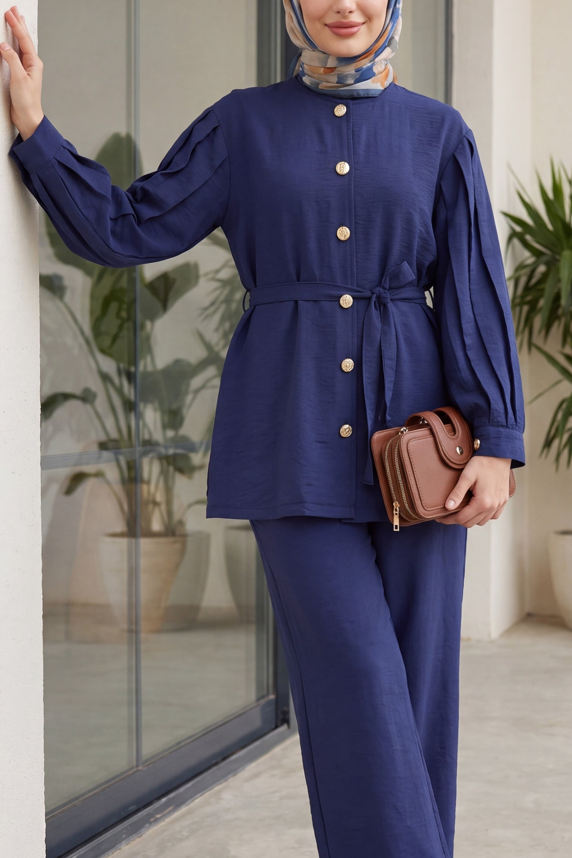 Navy Blue Watermelon Sleeve Belted Tunic and Wide-Leg Trousers Two-Piece Set - Podyumplus - by Peralane