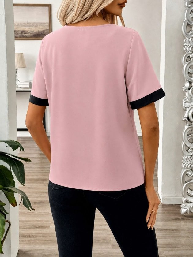 Women's Short Sleeve Asymmetric Collar Button Detail Blouse - Pink - Janes - by Peralane - photo 4