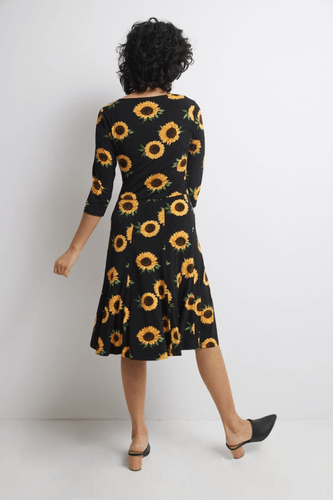 Women's Black Sunflower Print Midi Dress with Three-Quarter Sleeves - Janes - by Peralane - photo 3