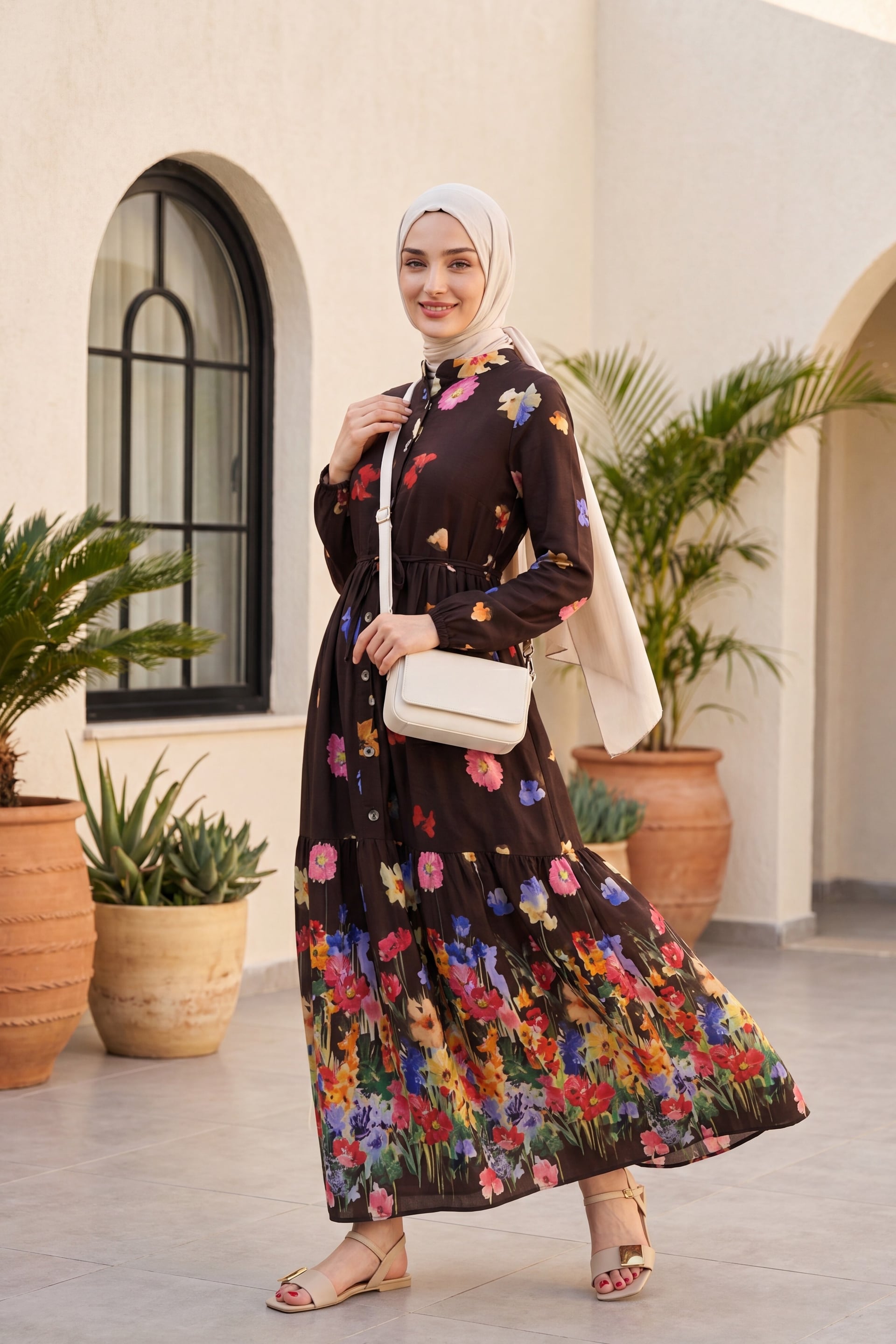 Floral Print Long Sleeve Button Front Tie Waist Dress - Brown - Podyumplus - by Peralane - photo 3