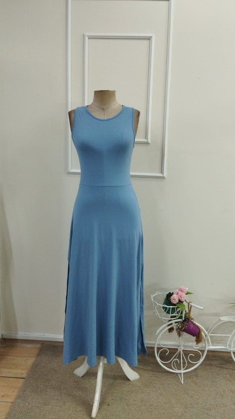Women's Sleeveless Halter Maxi Dress in Solid Blue with Side Slit - Janes - by Peralane - photo 4