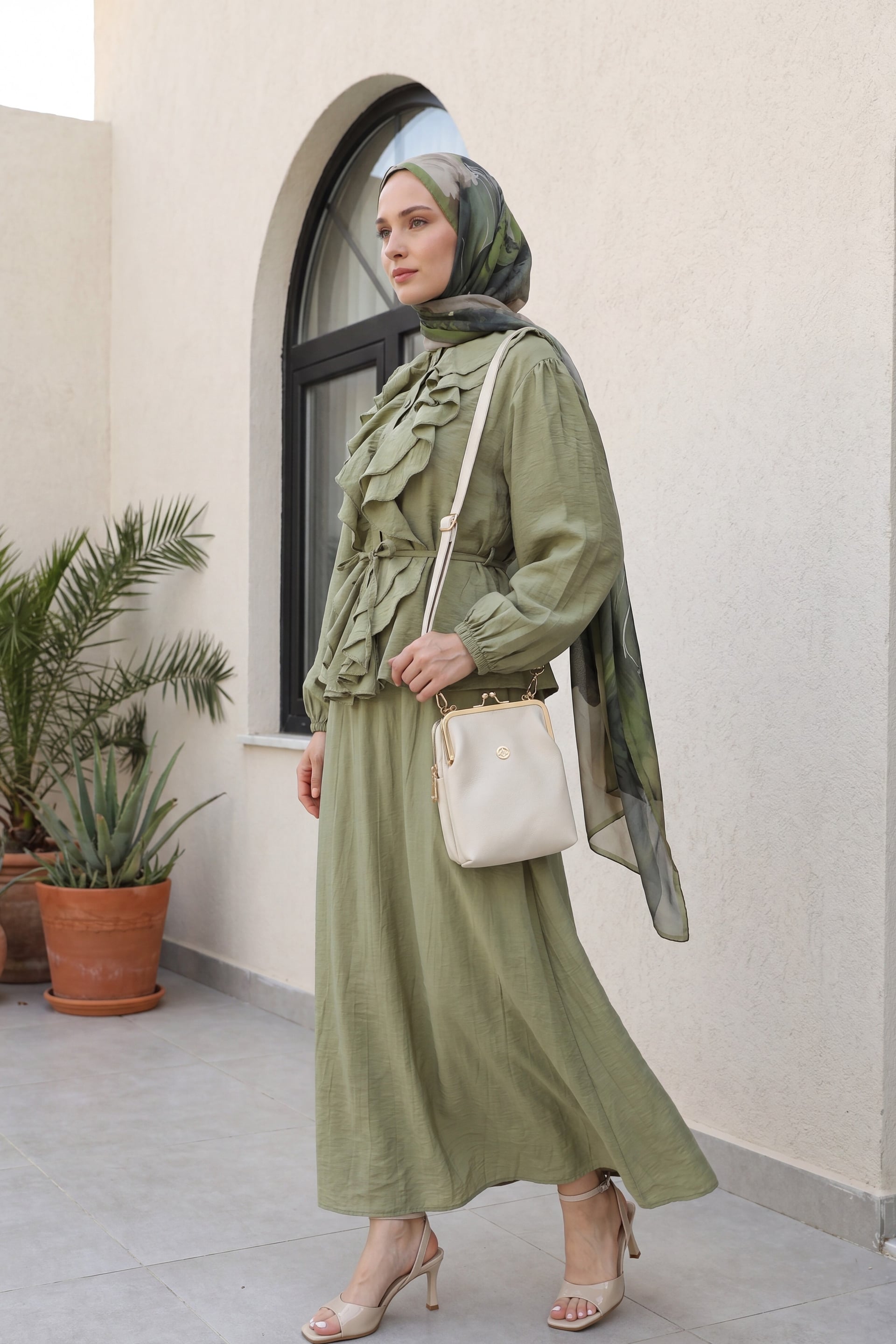 Ruffled Front Long Sleeve Tie Waist Blouse and A-Line Skirt Modest Set - Olive Green - Podyumplus - by Peralane - photo 4