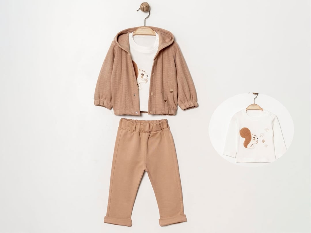 Squirrel Embroidered Hooded Cardigan, T-Shirt, and Trousers Baby Set - Brown - Elci Baby - by Peralane