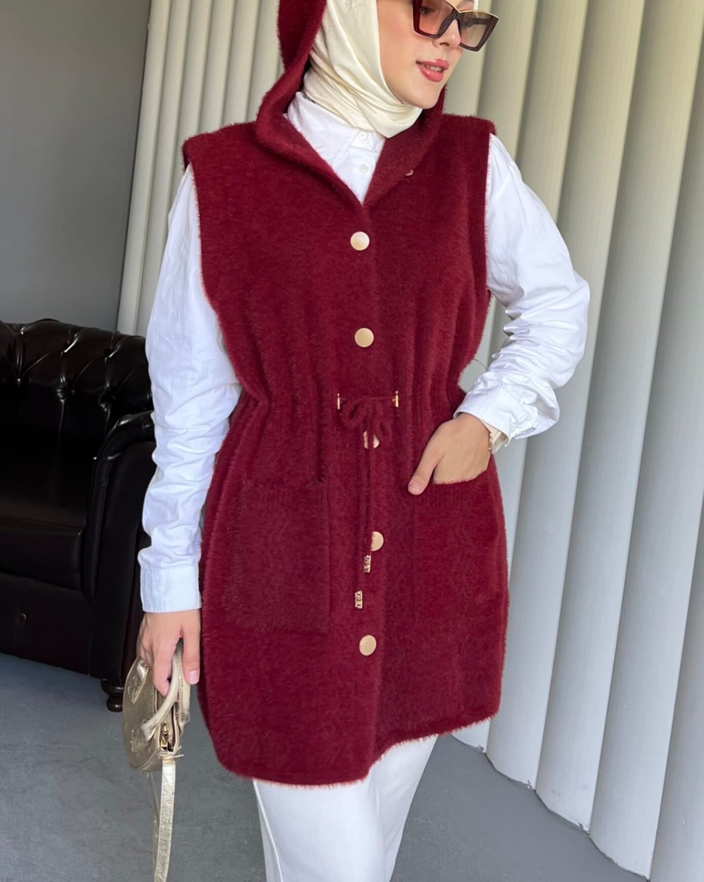 Hooded Pocket Drawstring Waist Fringed Vest - Bordeaux - Podyumplus - by Peralane - photo 5