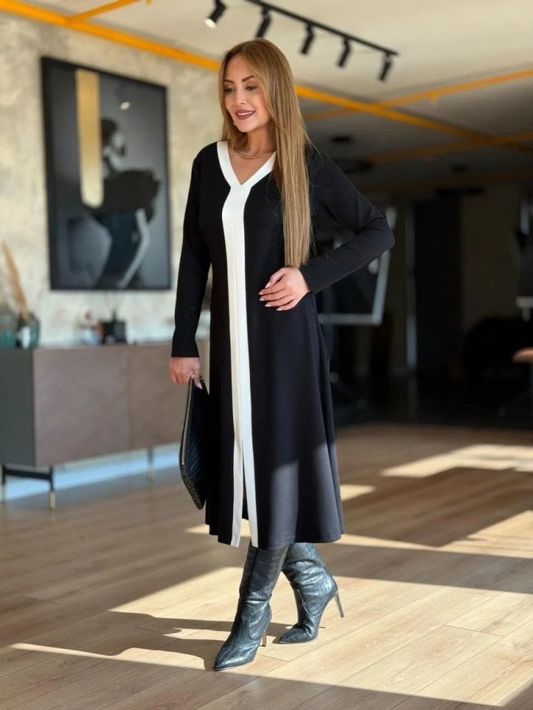 Women's Long Sleeve V-Neck Panel Midi Dress with Front Slit - Janes - by Peralane - photo 2