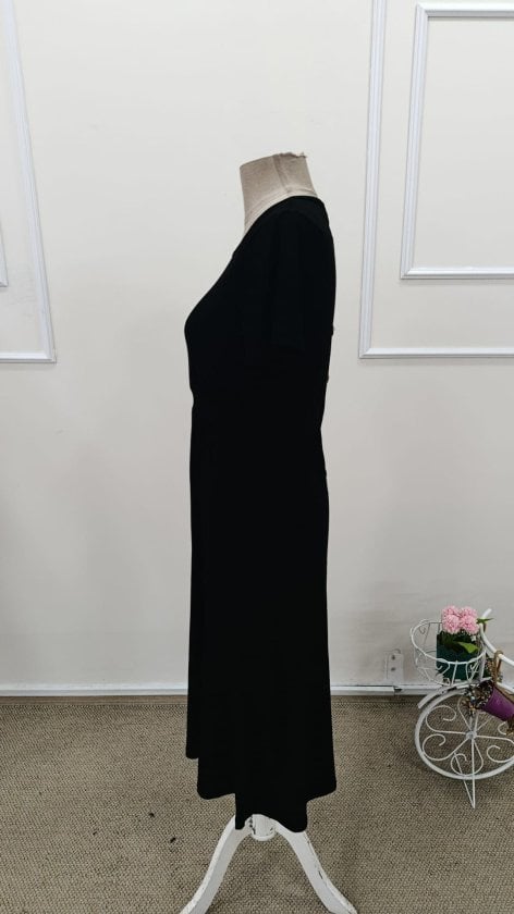 Women's Black Short-Sleeved Round Neck Viscose Midi Dress with Back Buttons - Janes - by Peralane - photo 5