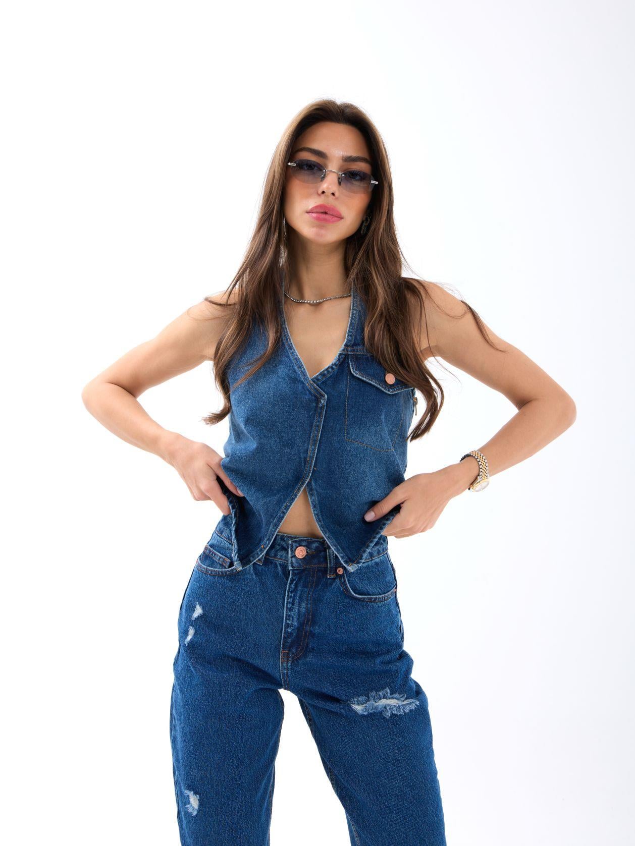 Women's Denim Vest and Cropped Trousers Set - Medium Blue - Fame - by Peralane - photo 5