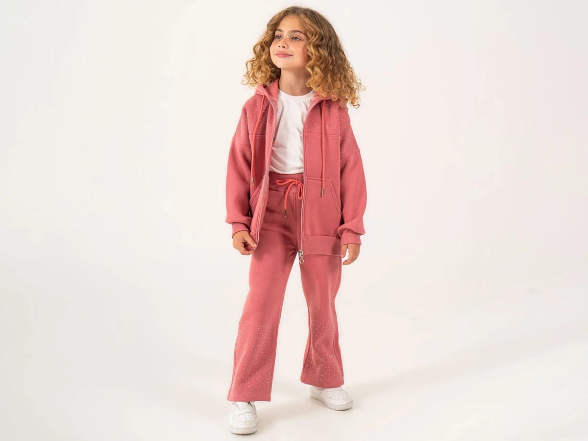 Girls' Rhinestone Detail Zip-Up Hoodie and Flared Trousers Set - Lumii - by Peralane