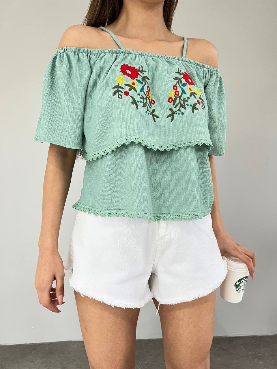 Mint Embroidered Off-Shoulder Blouse with Flutter Sleeves - Podyumplus - by Peralane - photo 2