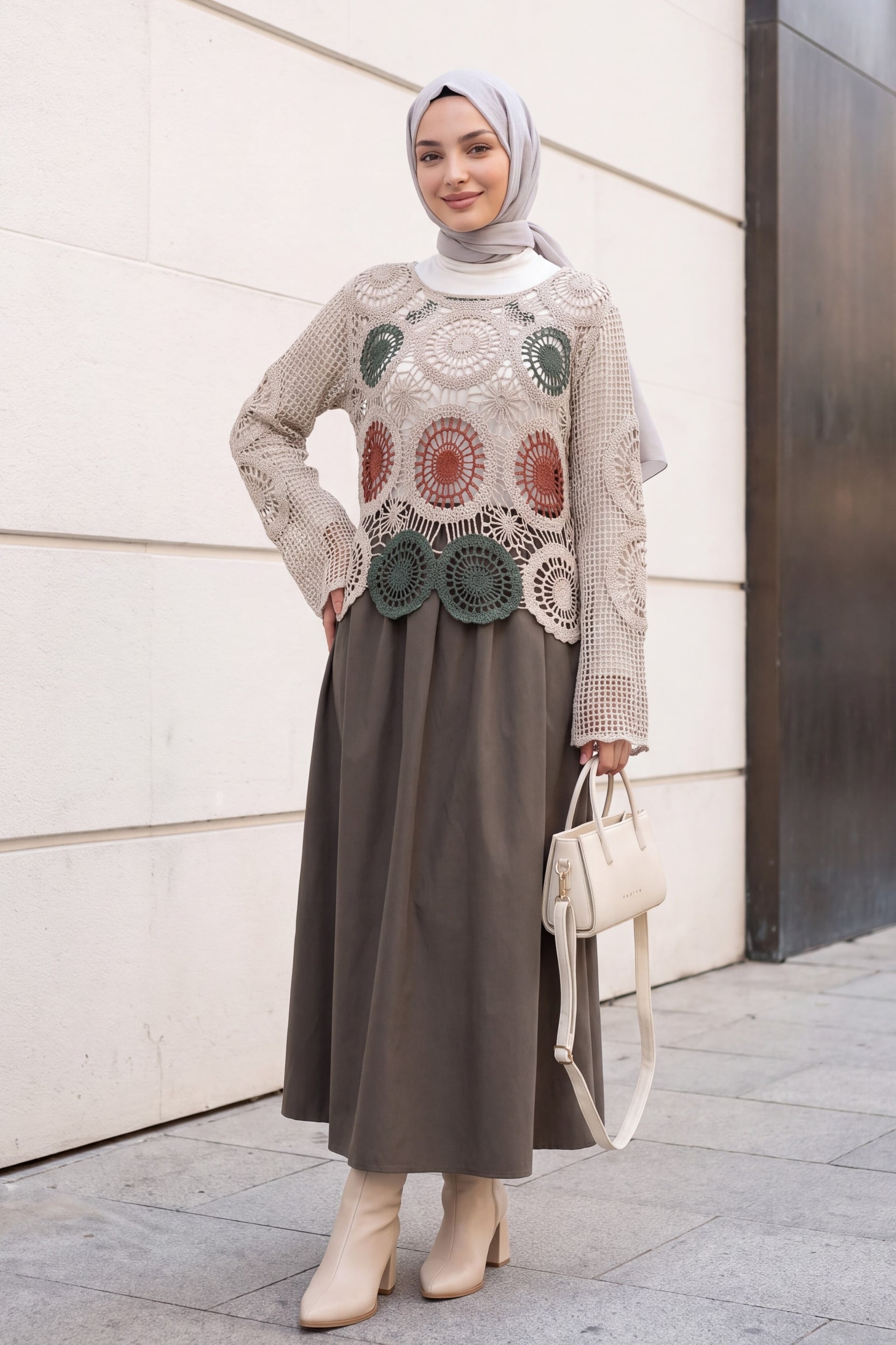 Beige Crochet Boat Neck Blouse with Colorful Motifs - Podyumplus - by Peralane - photo 5