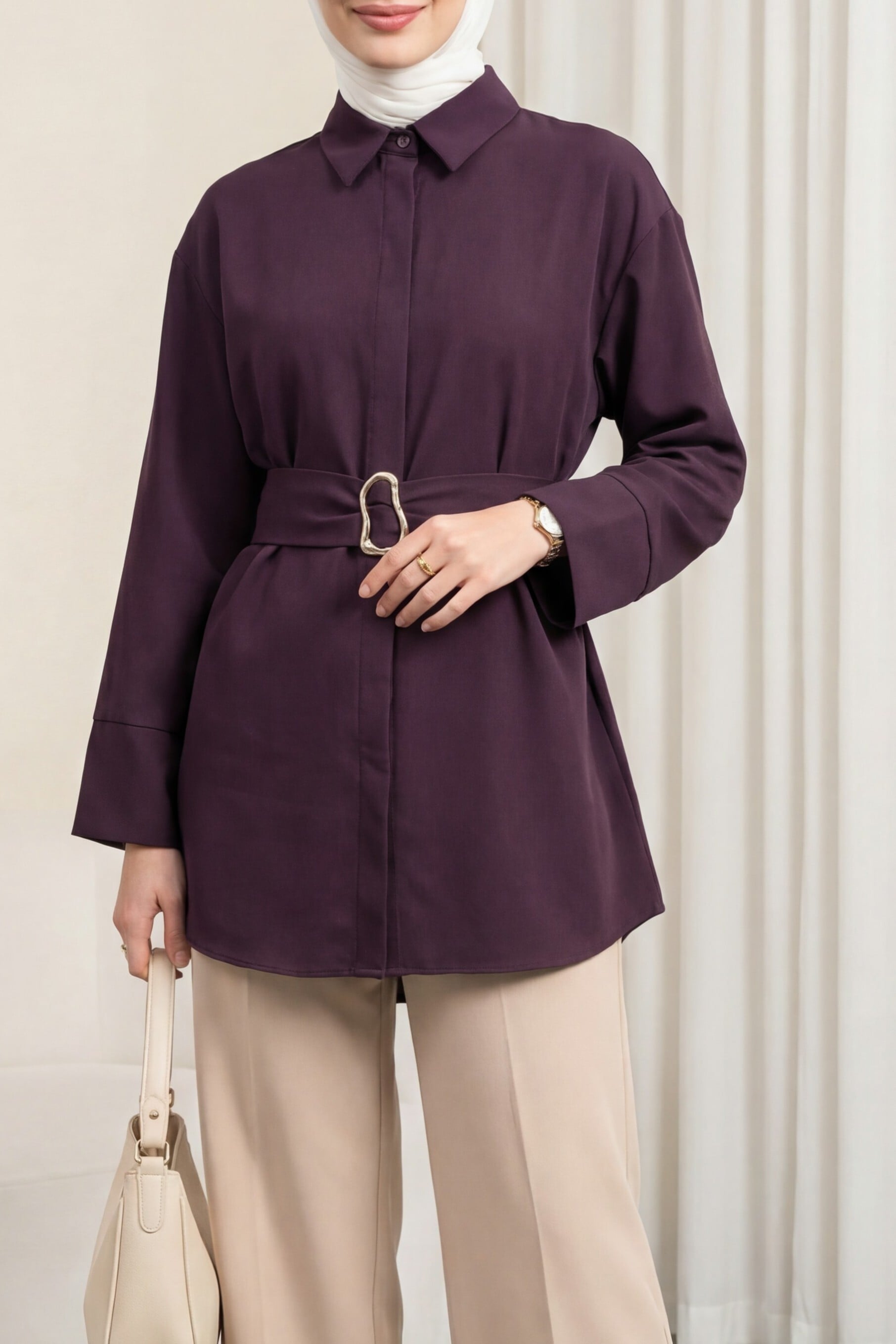 Belted Double Cuff Poplin Tunic - Deep Plum - Podyumplus - by Peralane - photo 6