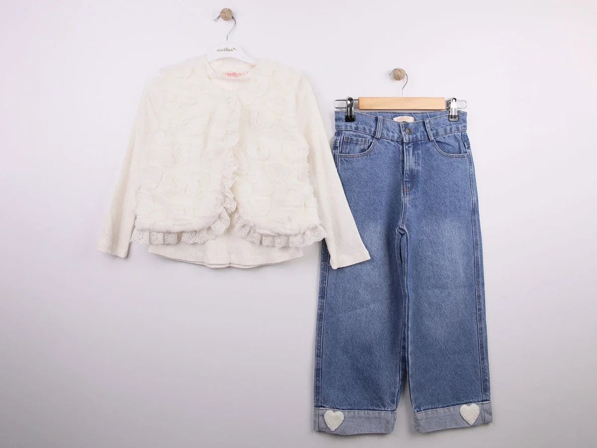 Girls' Knit Top with Faux Fur Vest and Denim Jeans Set - Ecolkiz - by Peralane