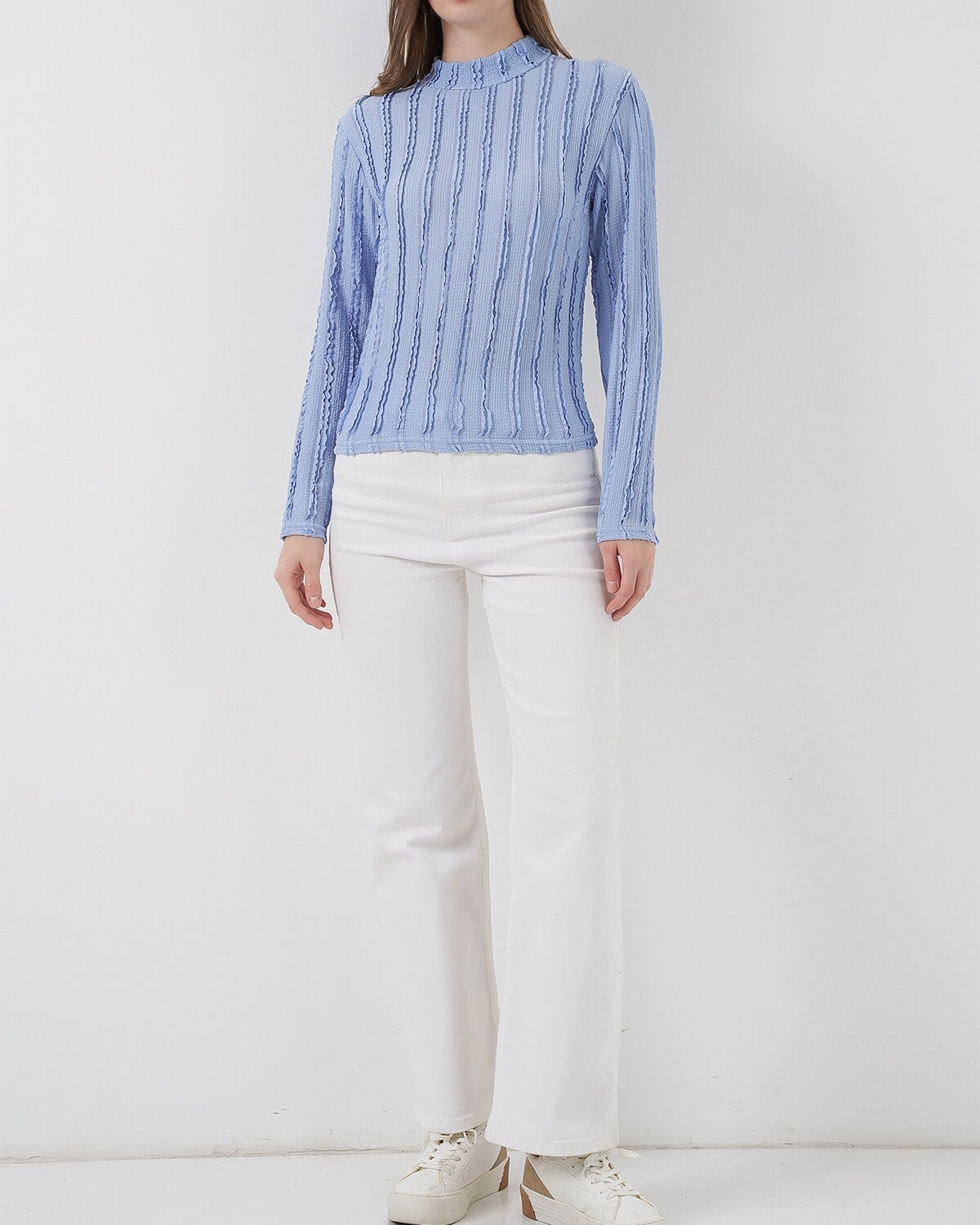 Women's Light Blue Textured Knit Blouse with Navy Pleated Skirt Set - Wholeskop - by Peralane - photo 5