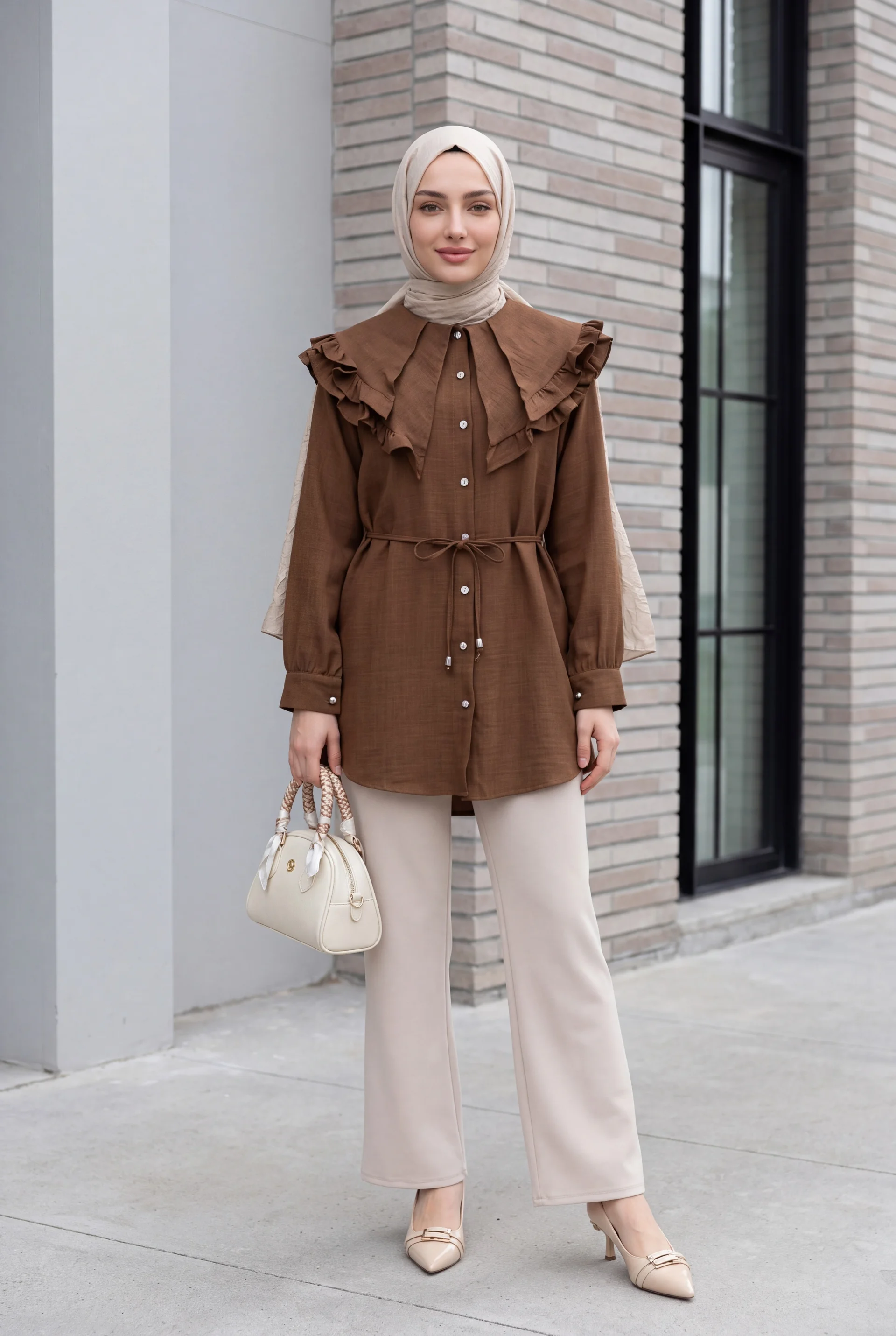 Brown Linen-Look Tunic with Double-Layer Ruffle Collar and Tie Waist - Podyumplus - by Peralane - photo 3