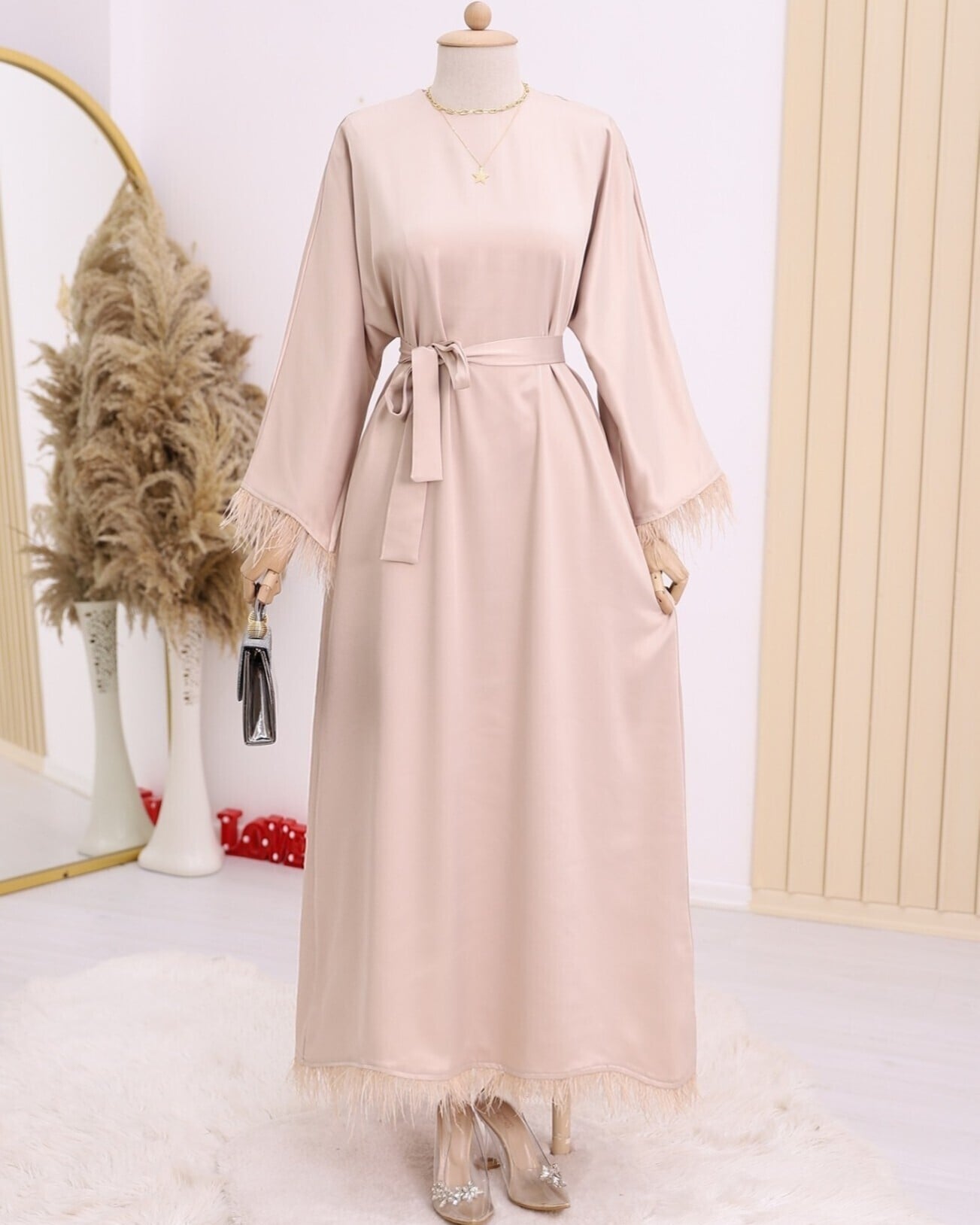 Beige Satin Dress with Feather Trim and Belt - Podyumplus - by Peralane - photo 2