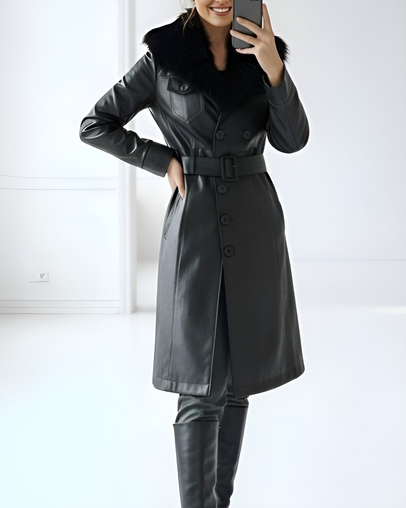 Black Faux Leather Coat with Faux Fur Collar and Belt - Podyumplus - by Peralane - photo 3