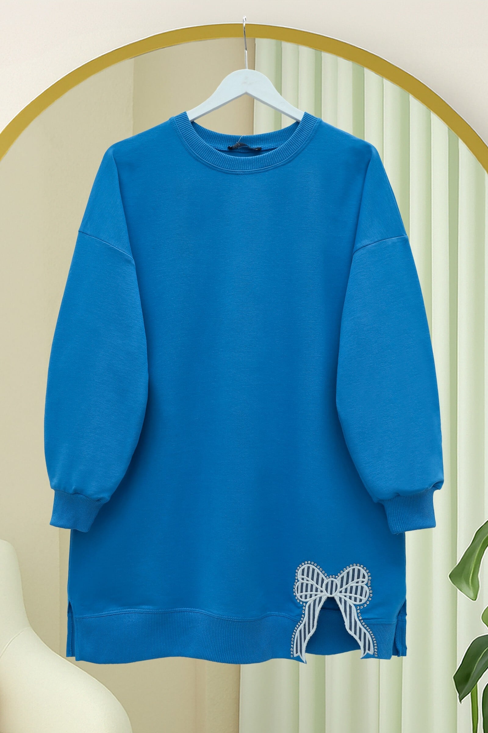 Round Neck Bow Detail Casual Knit Tunic - Blue - Podyumplus - by Peralane - photo 5