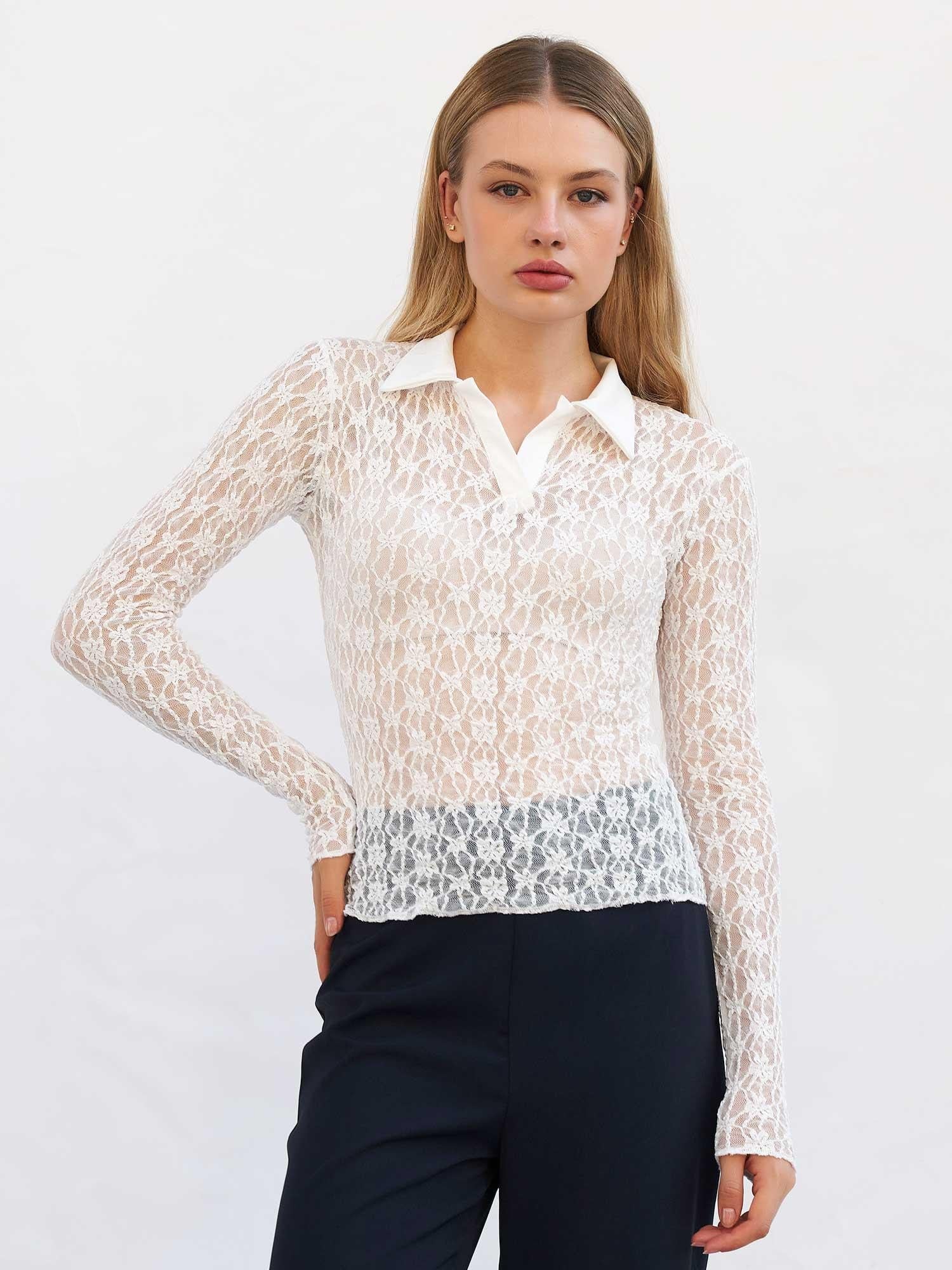 Lace Pointed Collar Blouse with Floral Pattern - Lefon - by Peralane