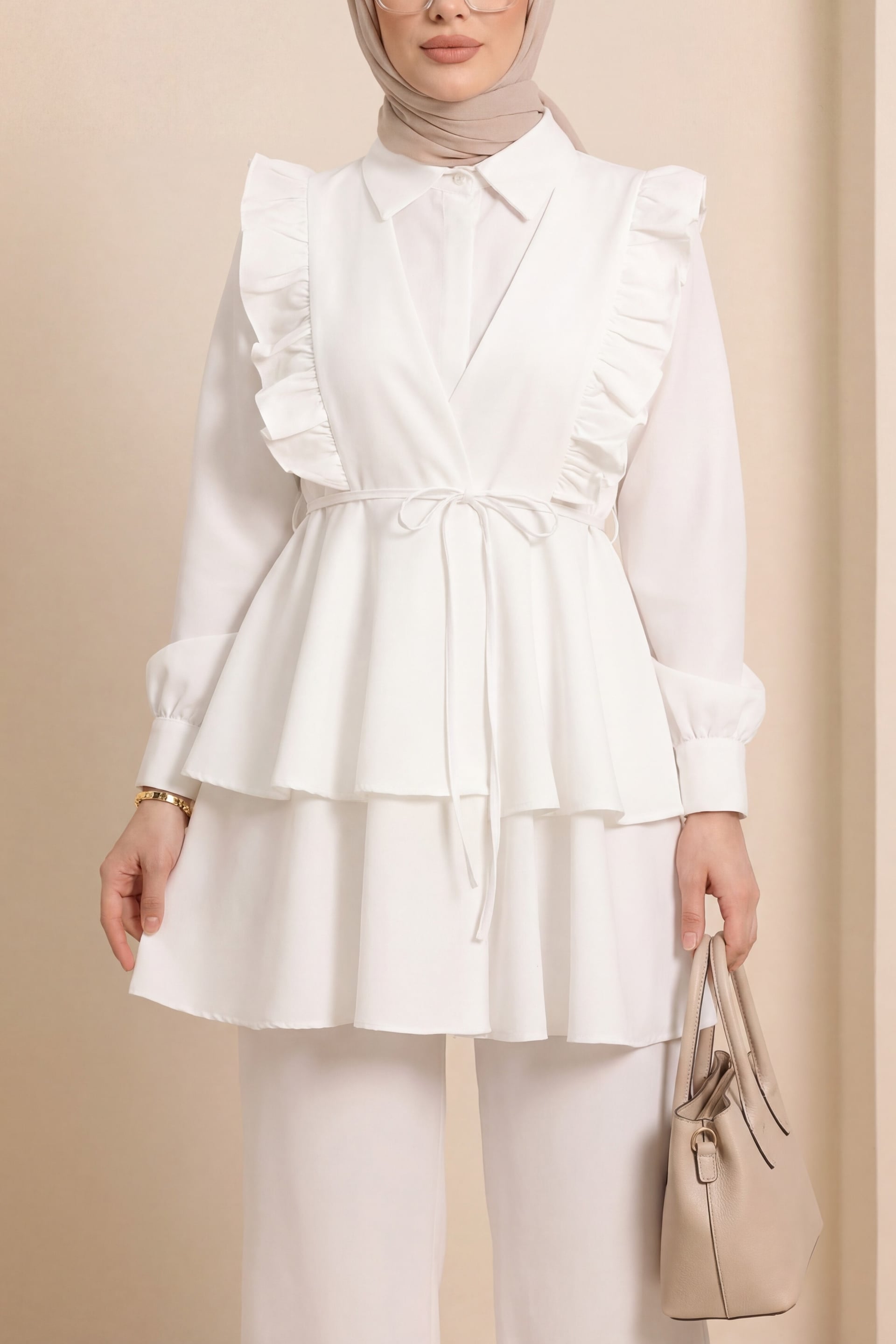 Women's Two-Piece Set with Ruffled Blouse and Wide-Leg Trousers - White - Podyumplus - by Peralane - photo 2