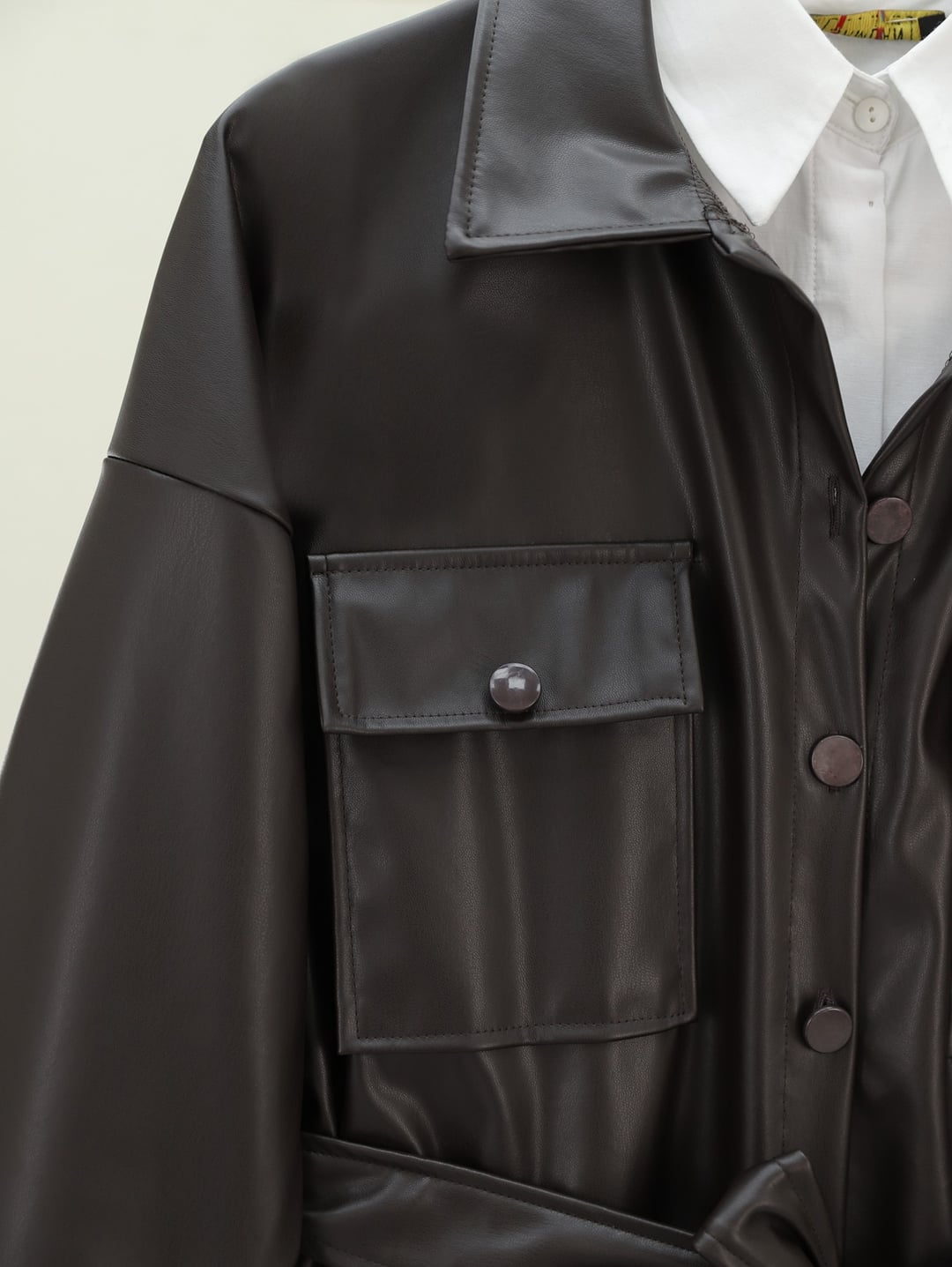 Waist-Tie Double-Pocket Faux Leather Jacket - Dark Brown - Podyumplus - by Peralane - photo 3