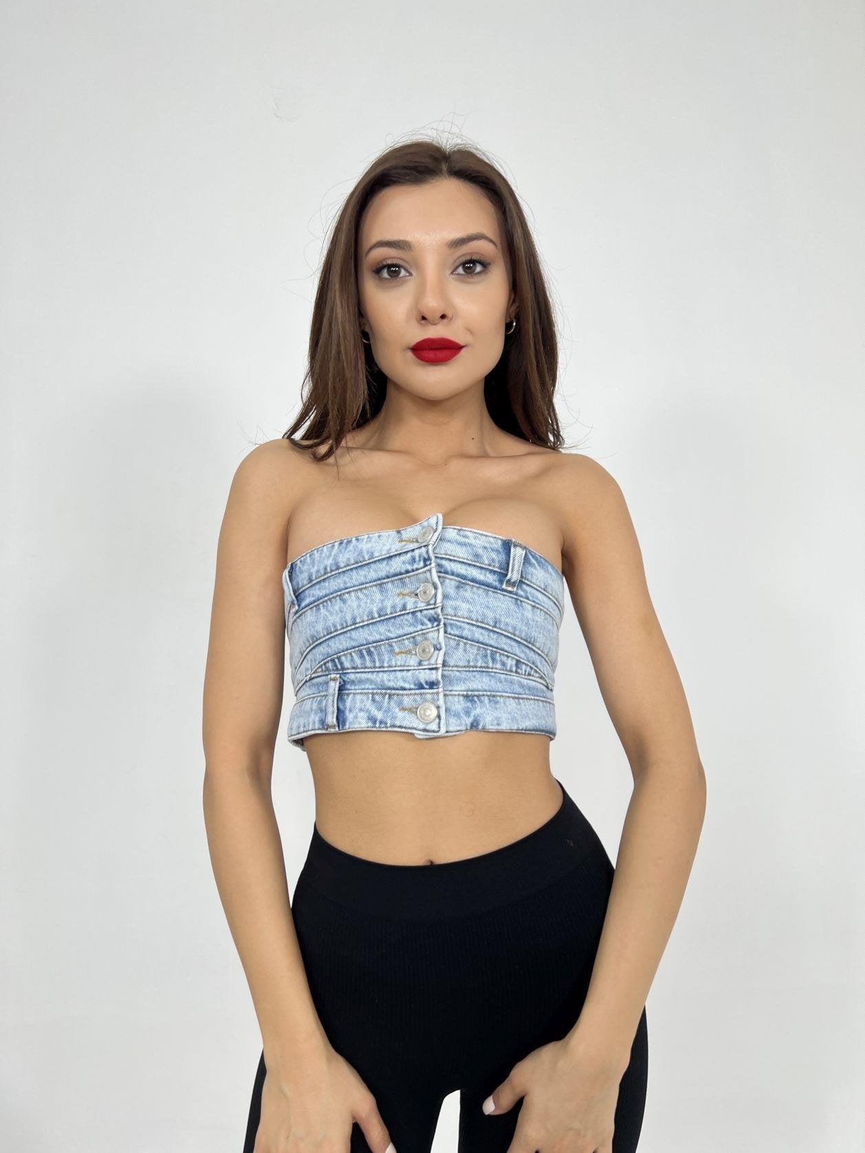 Women's Light Blue Denim Strapless Crop Tube Top - Fame - by Peralane