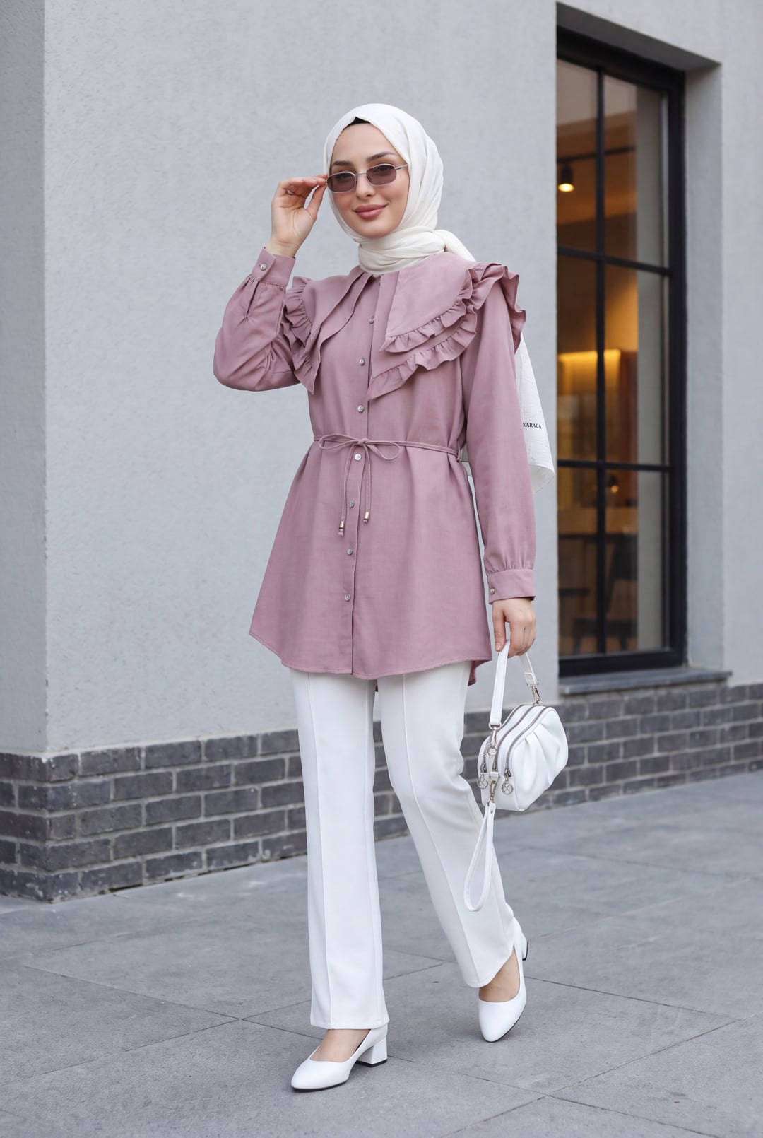 Double-Layer Ruffled Collar Buttoned Tie-Waist Linen Look Tunic - Powder - Podyumplus - by Peralane - photo 2