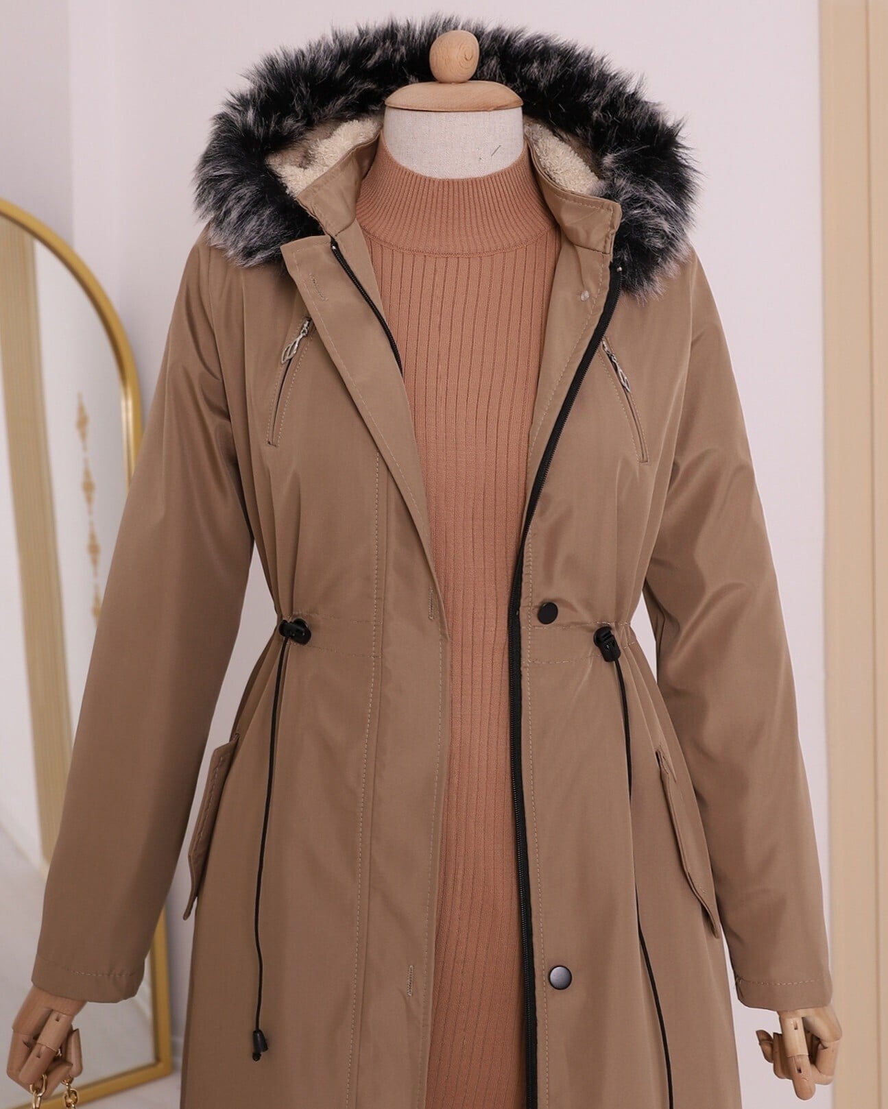 Women's Zip-Up Faux Fur Hooded Long Coat - Light Beige - Podyumplus - by Peralane - photo 3