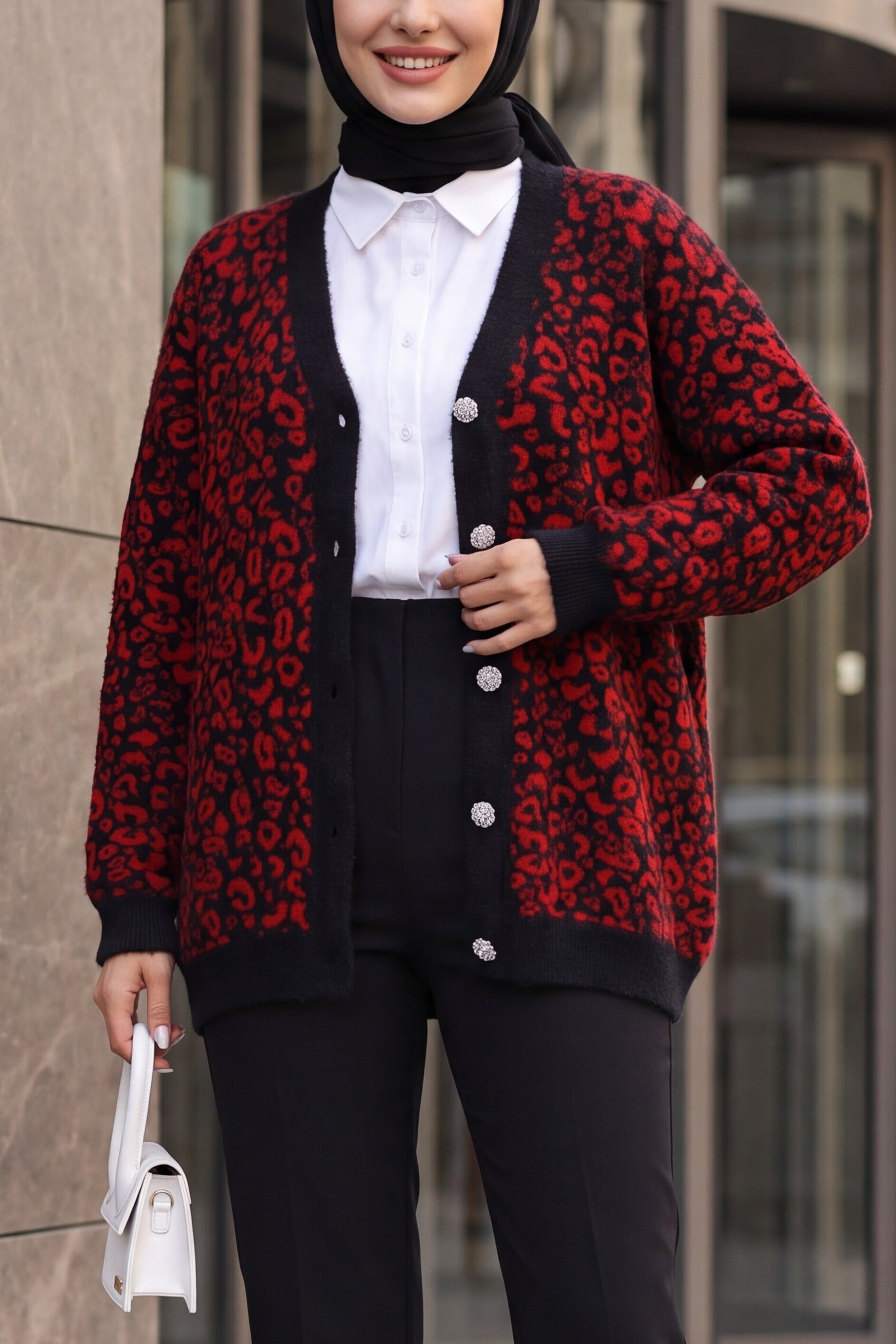 Leopard Print Buttoned Oversize Knit Cardigan - Red - Podyumplus - by Peralane