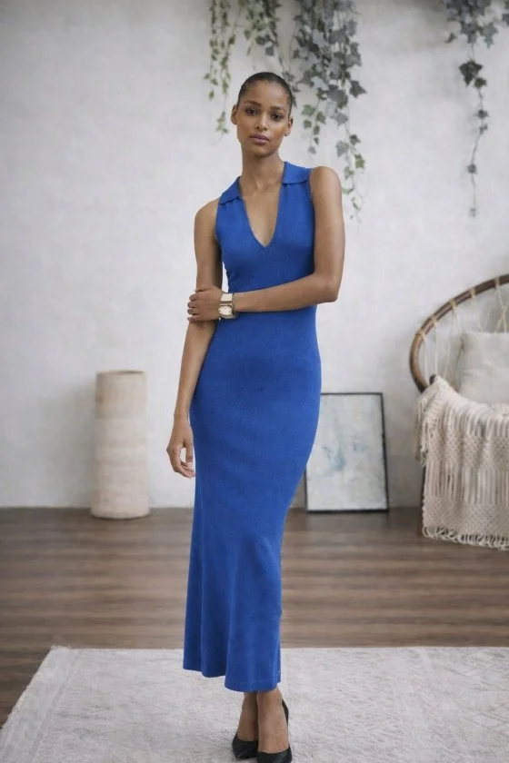 Women's Sleeveless V-Neck Maxi Ribbed Knit Dress - Janes - by Peralane