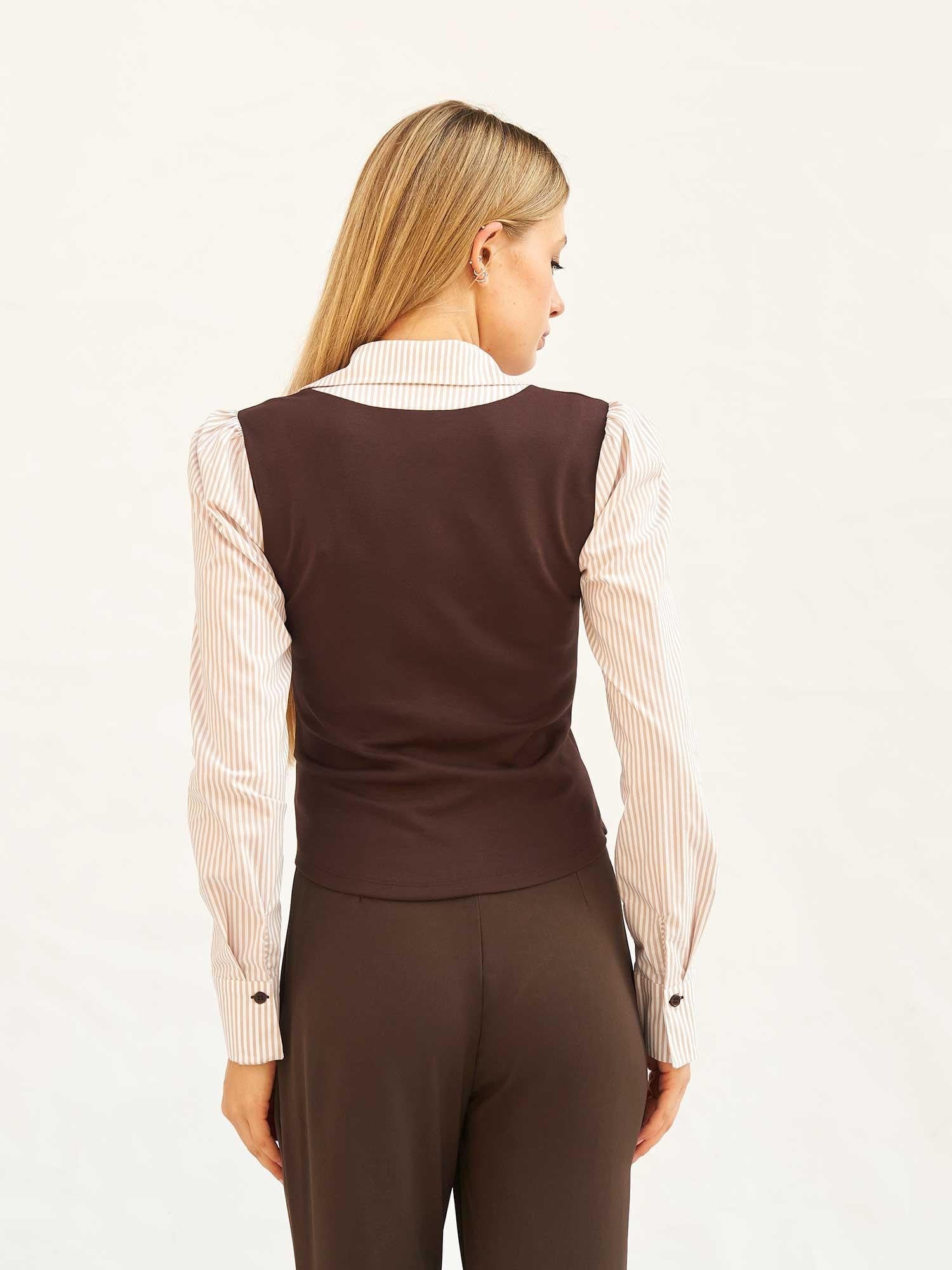 Beige and Brown Striped Vest-Look Shirt Blouse - Lefon - by Peralane - photo 3