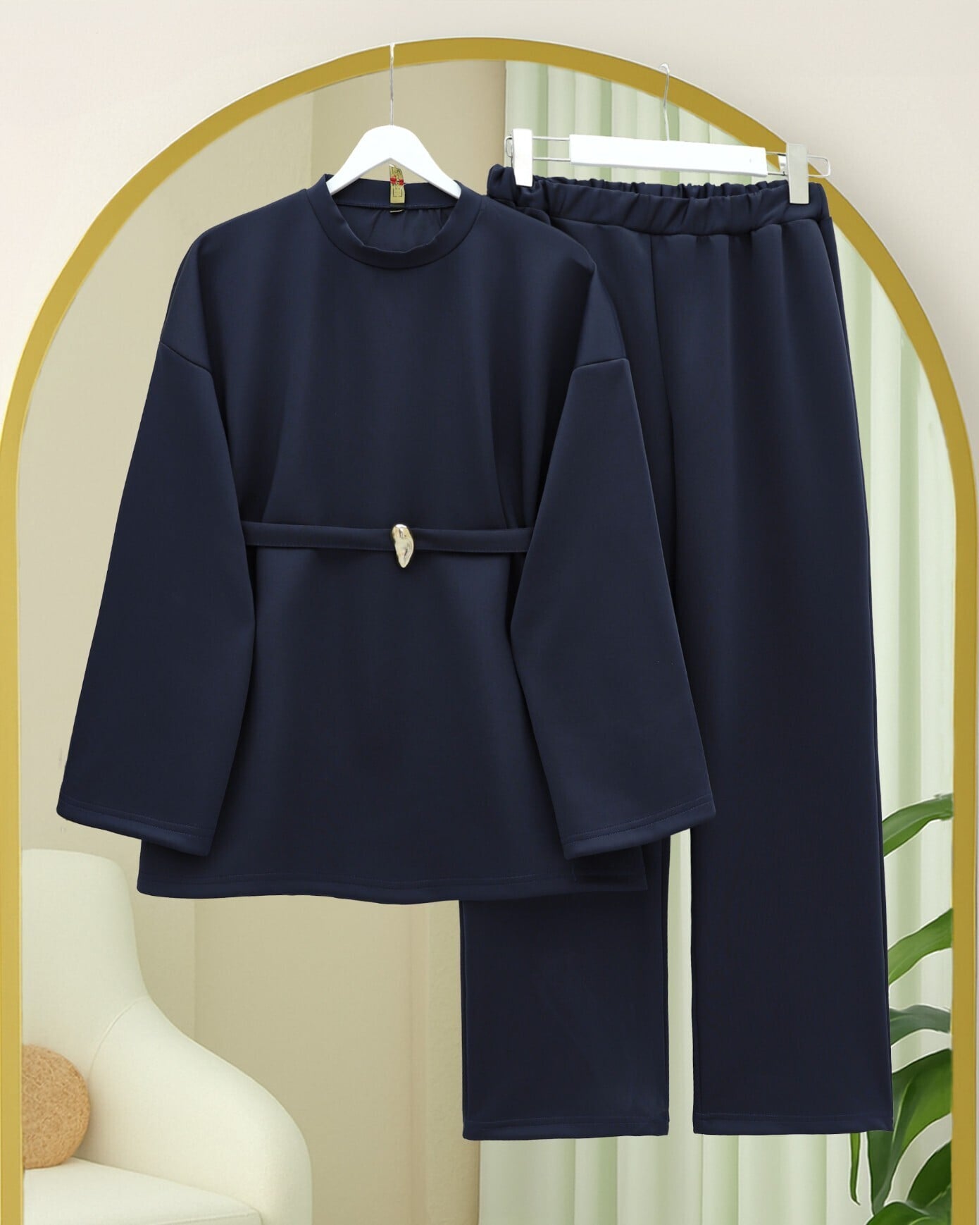Navy Round Neck Belted Scuba Two-Piece Modest Set with Tunic and Trousers - Podyumplus - by Peralane - photo 4